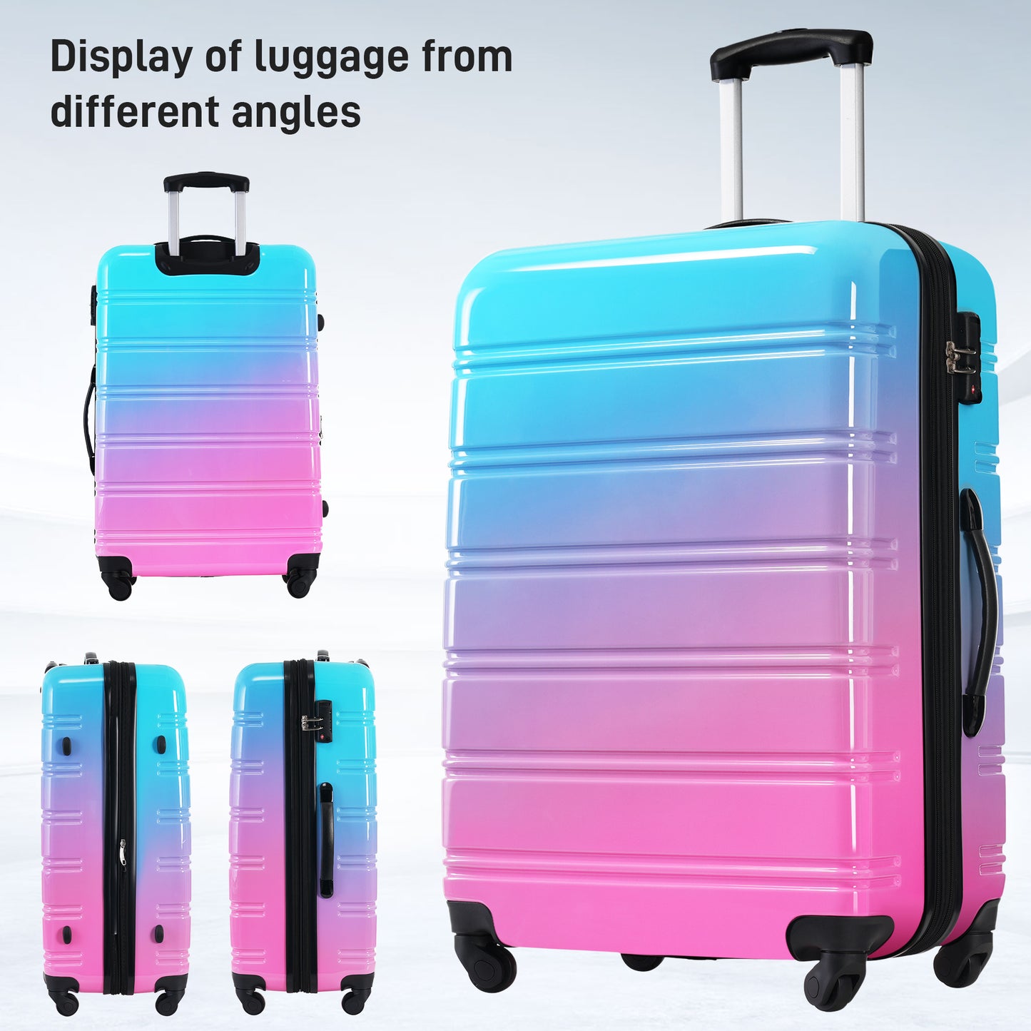 Hardside spinner luggage in bluetopink gradient with retractable handle and TSA lock