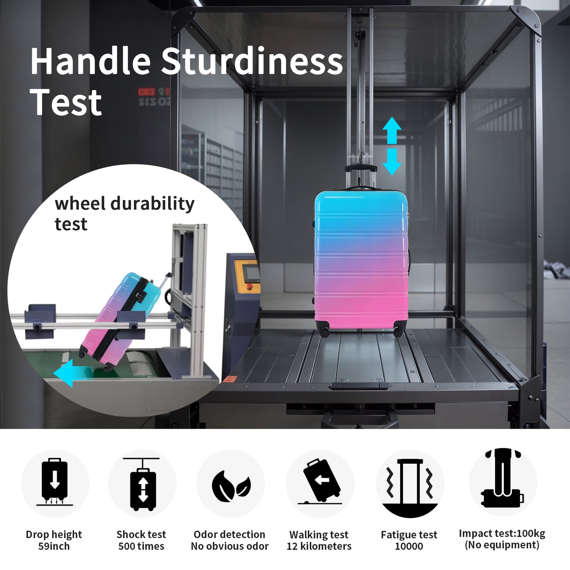 Gradient pink and blue hardside carryon luggage undergoing handle sturdiness test