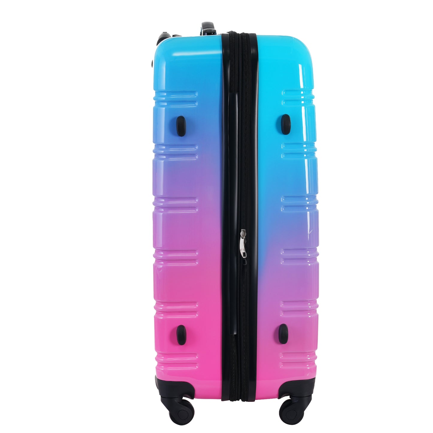Hardside checked suitcase with blue to pink ombre gradient and ribbed texture