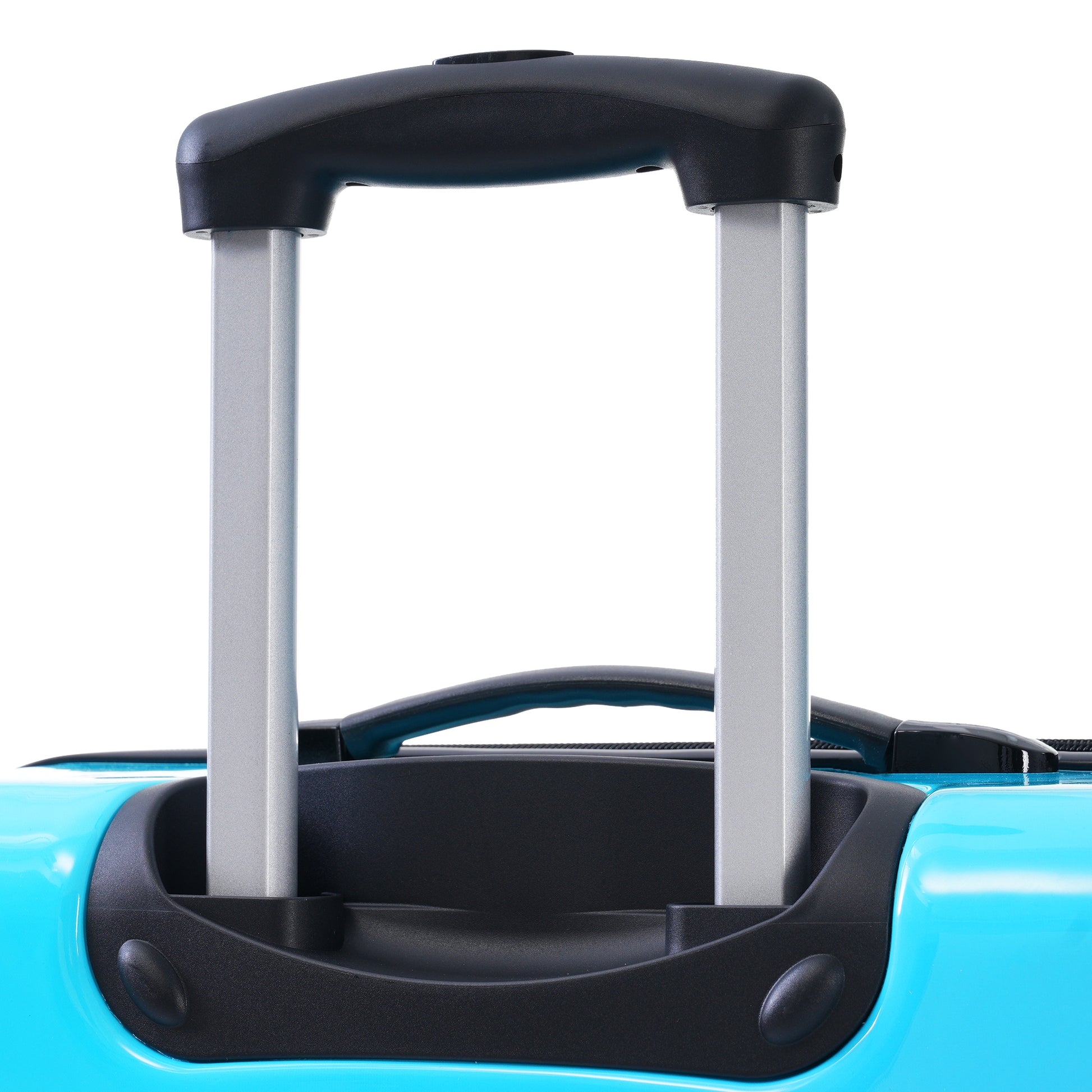Closeup of a turquoise suitcase with a silver telescoping pull handle and black grip