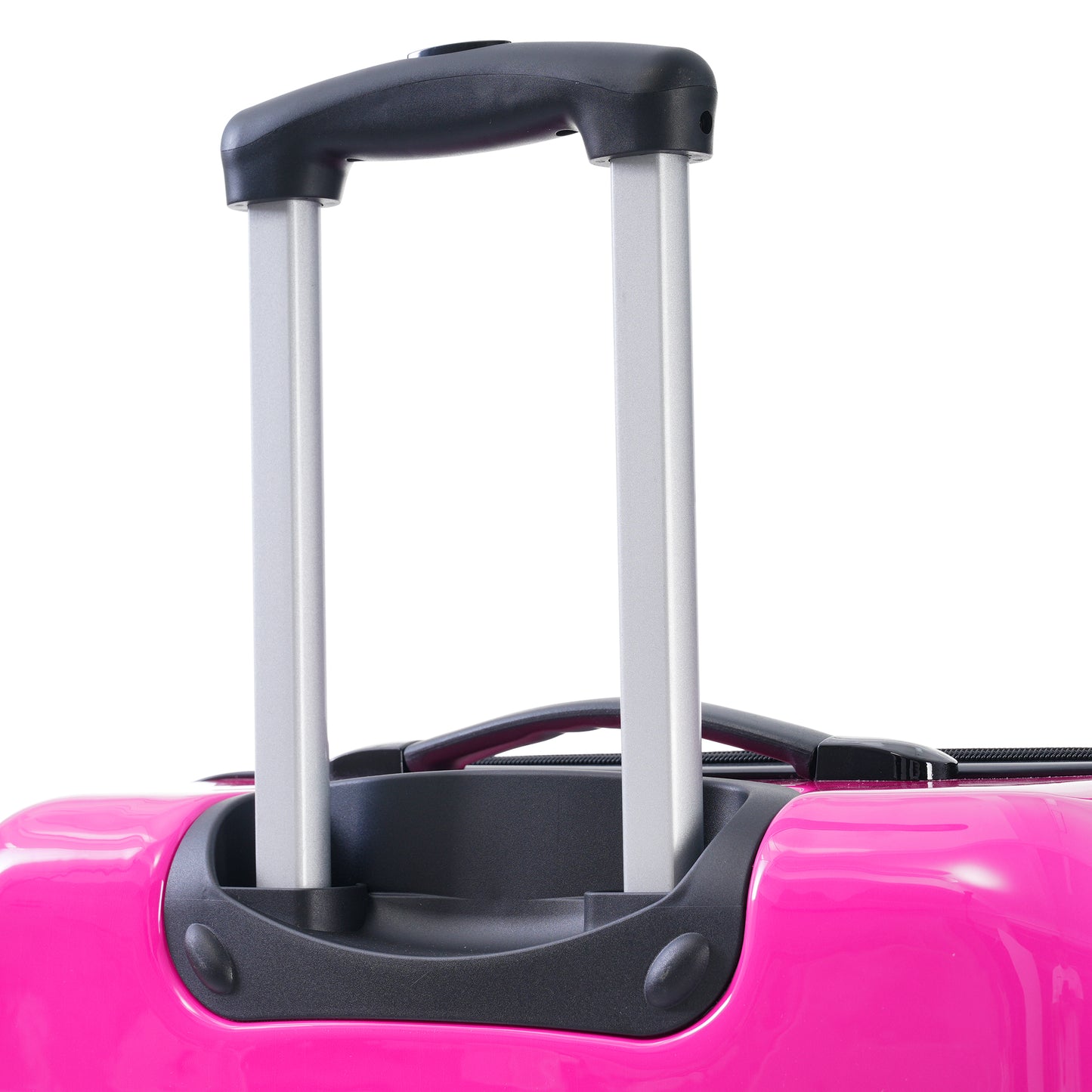 Closeup of a bright pink suitcase with a black retractable handle and silver telescoping poles