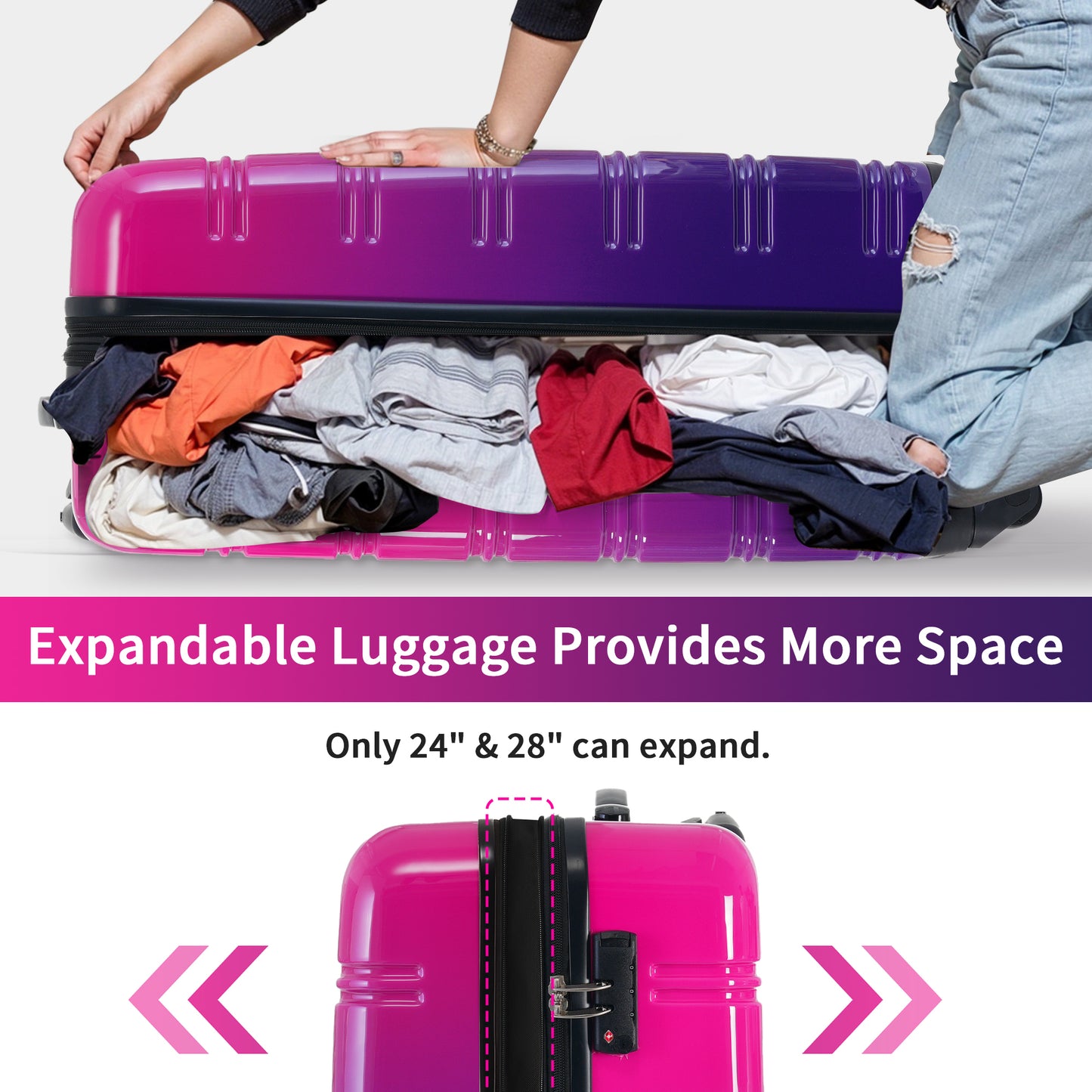 Purple and pink gradient expandable luggage being packed with clothes