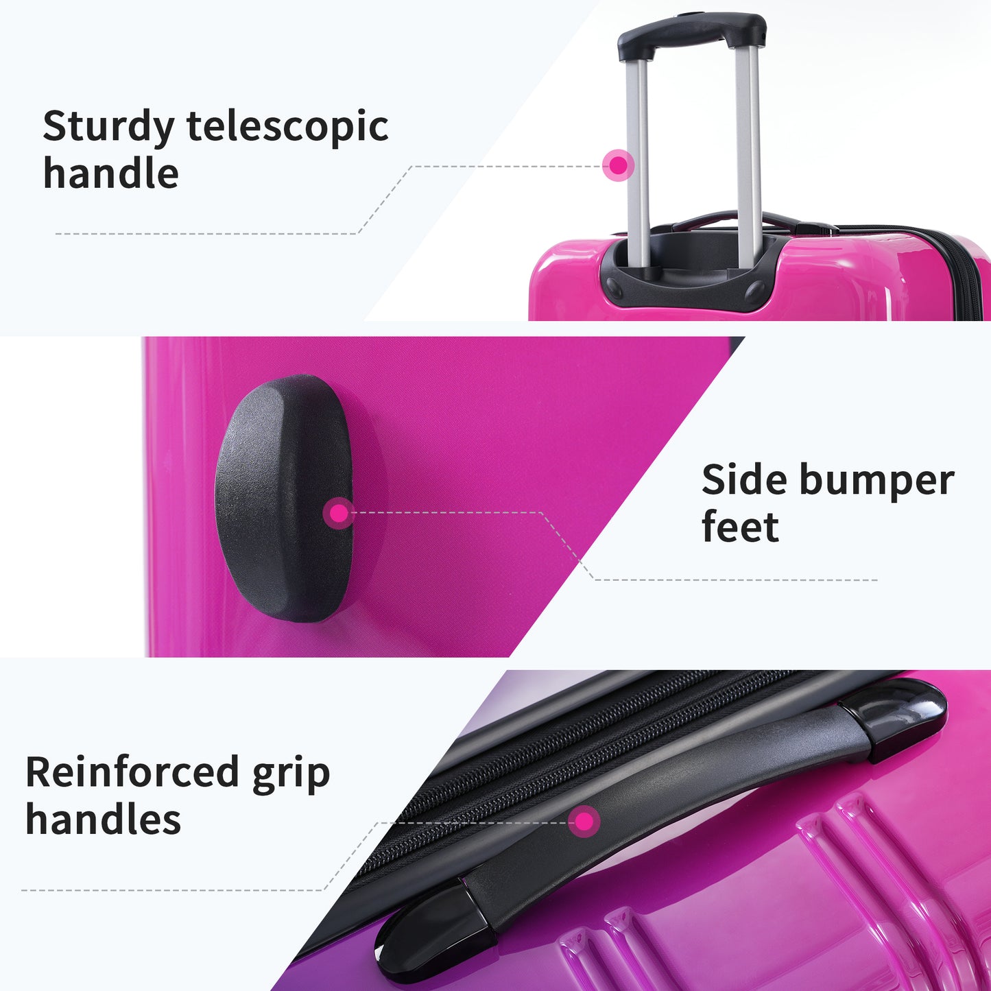 Closeup of a bright pink suitcase with a sturdy telescopic handle