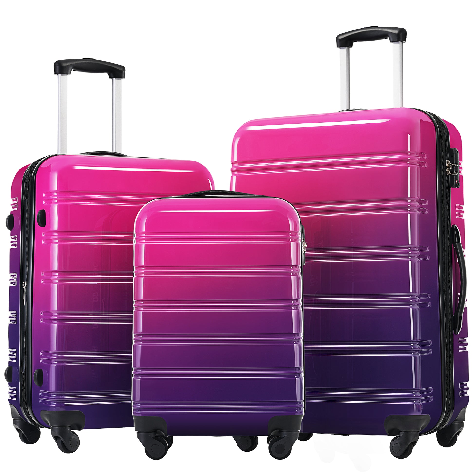 Set of three hardside suitcases in pink to purple gradient with retractable handles and spinner wheels