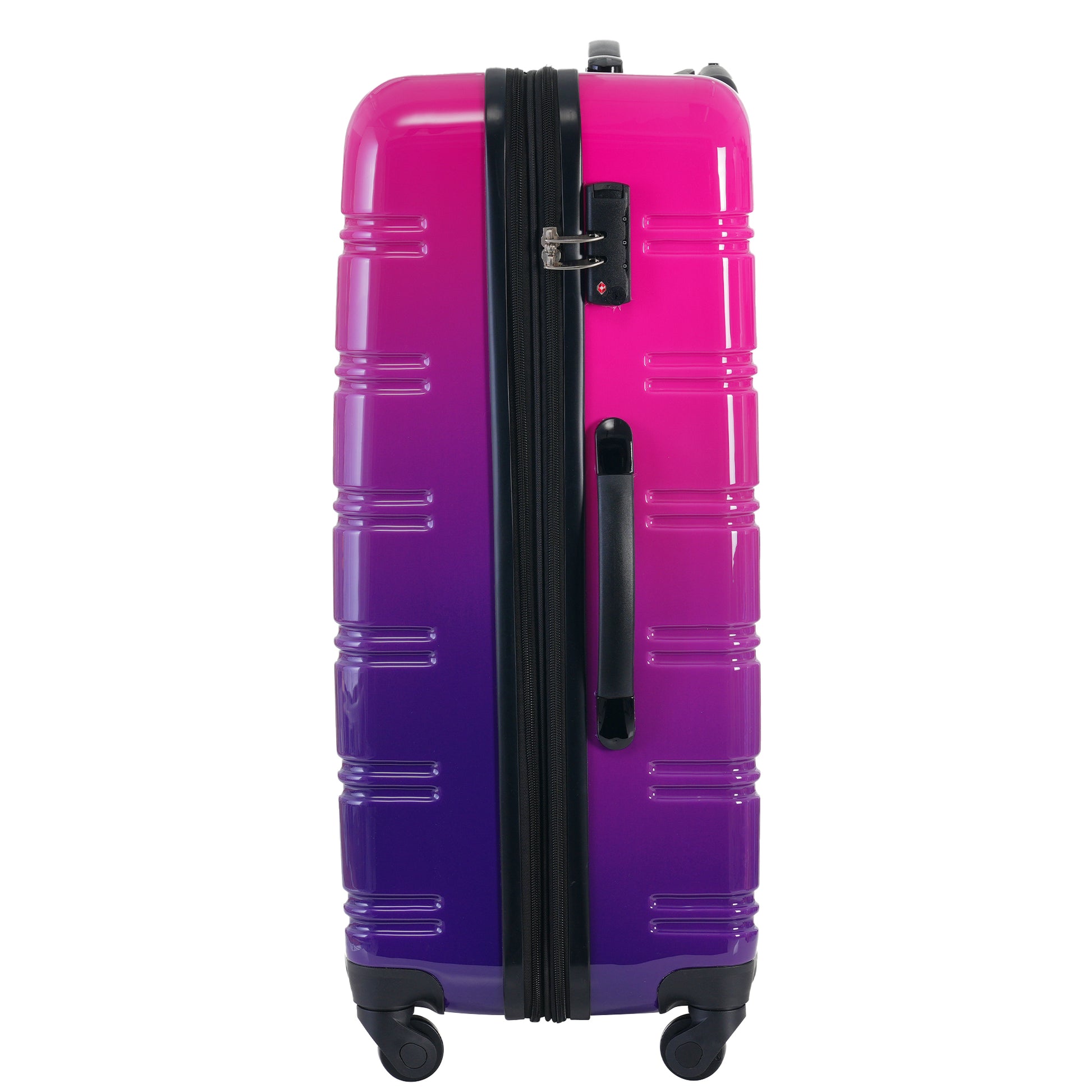 Glossy pink to purple gradient hardshell suitcase with TSA lock and black handle