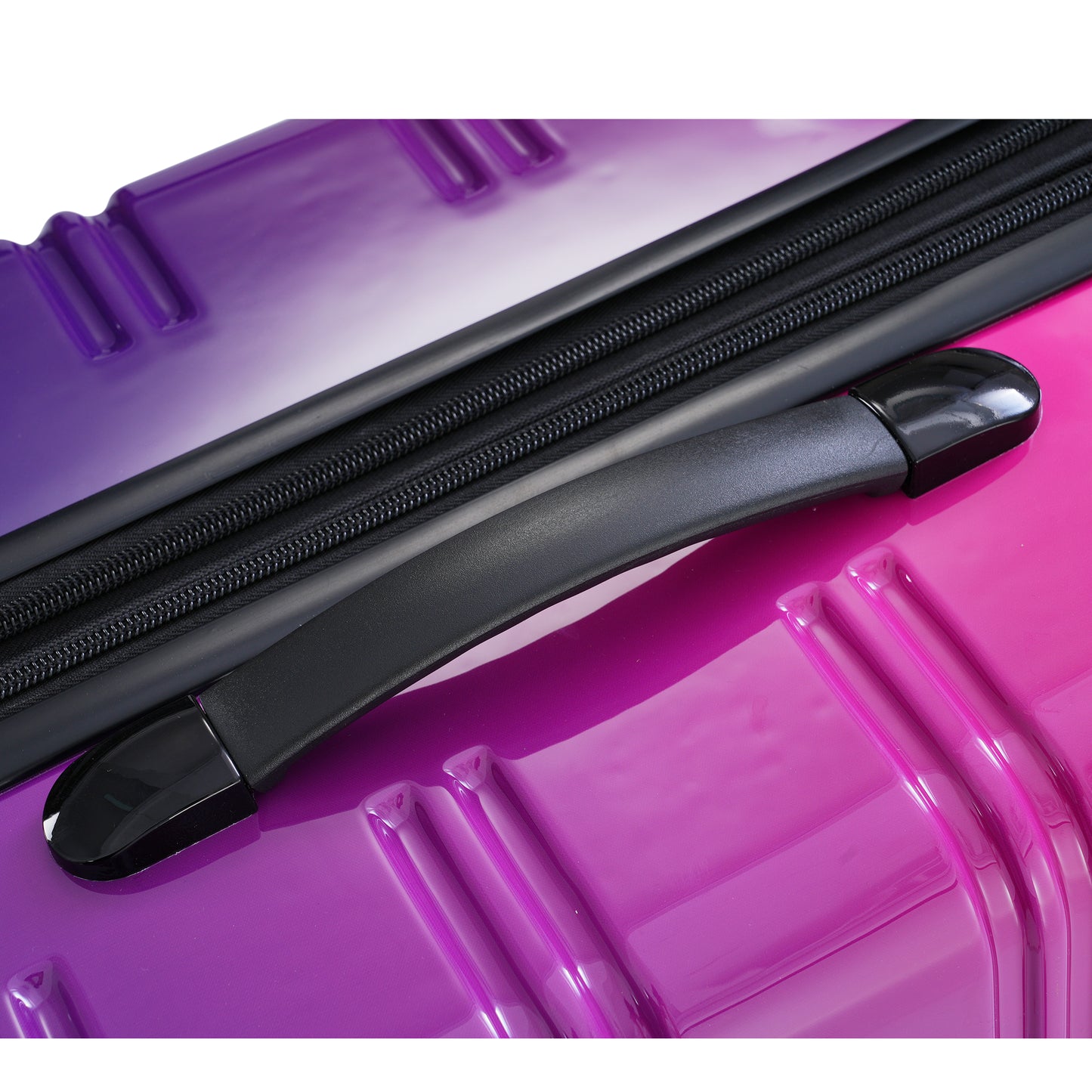 Purple and pink gradient hardshell suitcase with black handle and zipper