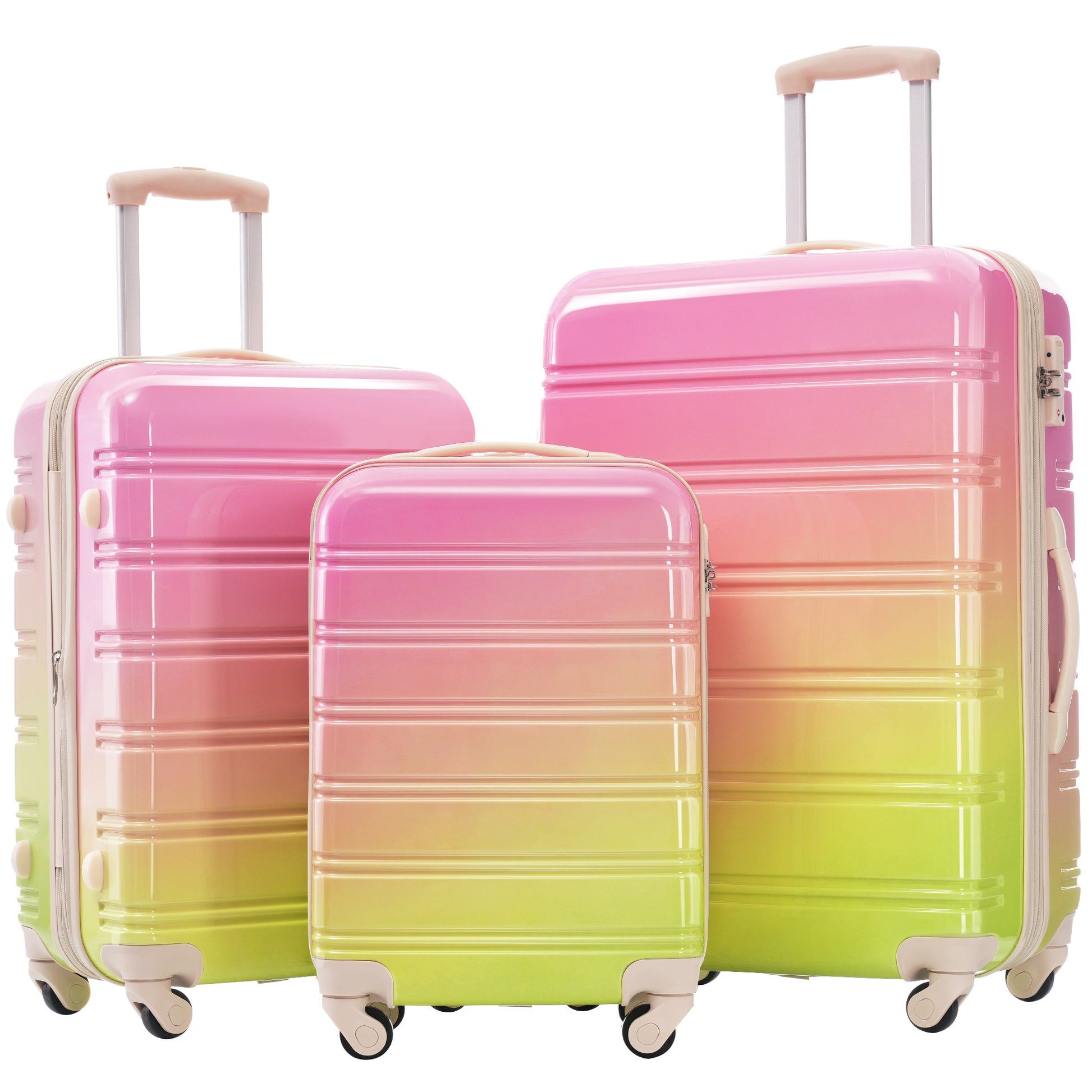 Three hardshell suitcases with pink to yellow ombre gradient design and smoothrolling wheels