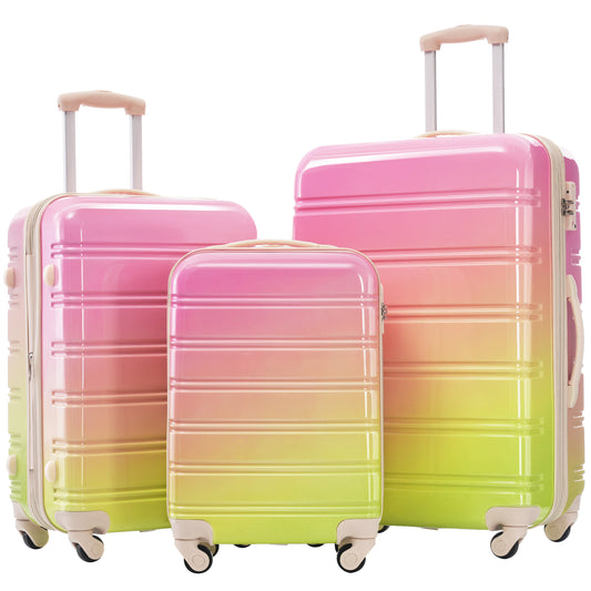 Three hardshell suitcases with pink to yellow ombre gradient design and smoothrolling wheels