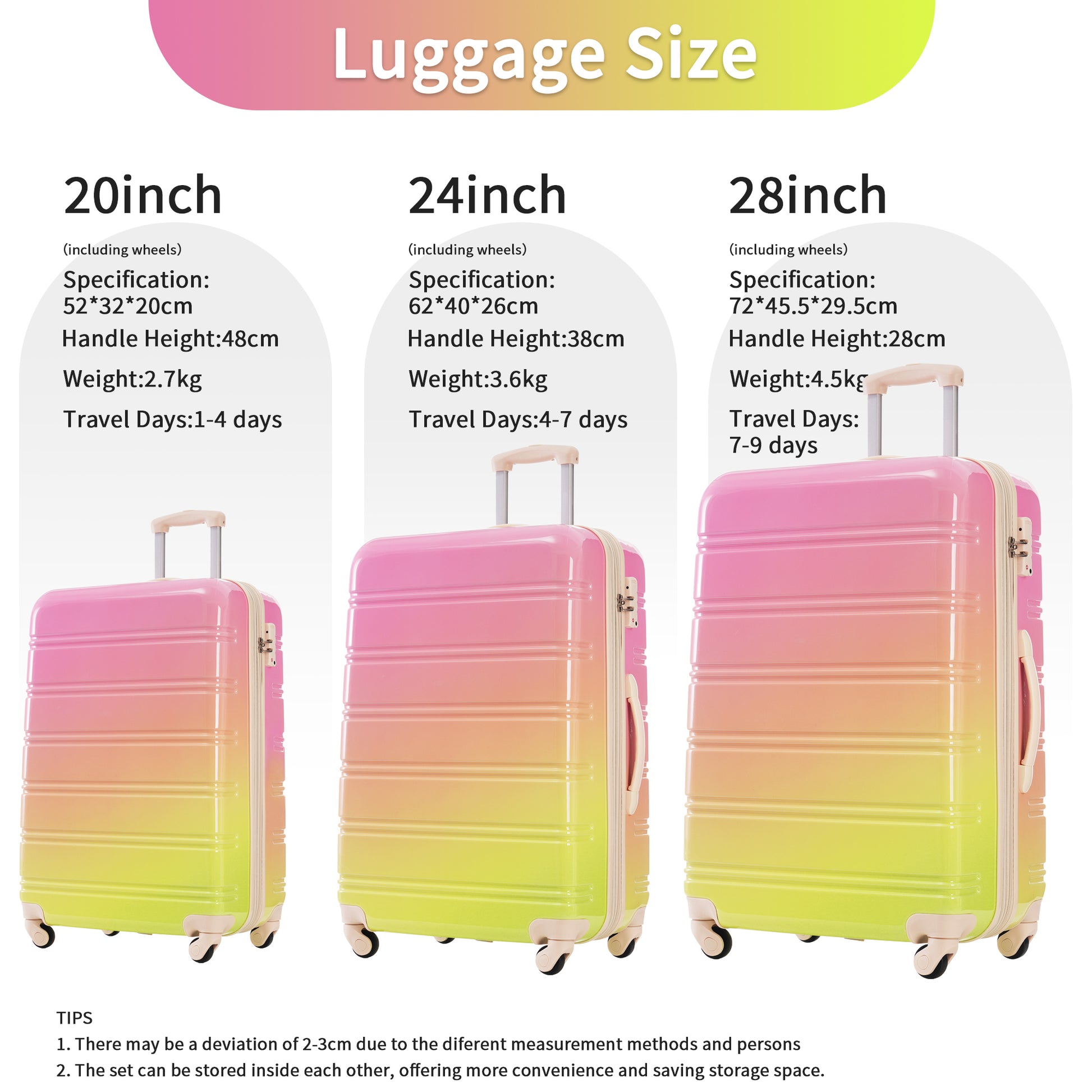 Pink and yellow gradient inch hardside luggage with spinner wheels