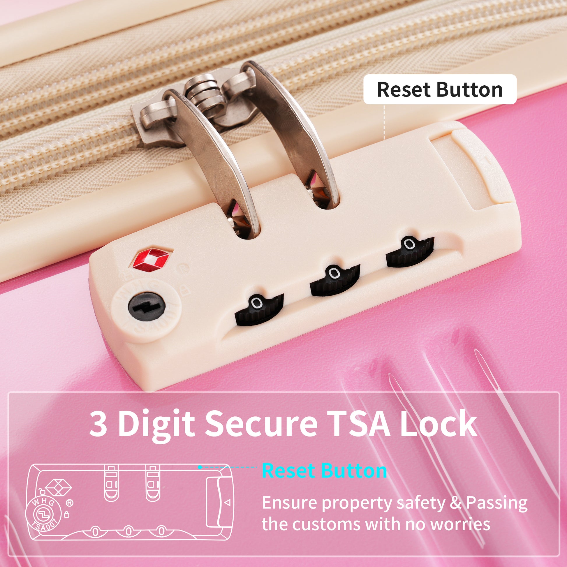 Beige TSA lock with three number dials and reset button on a pink luggage