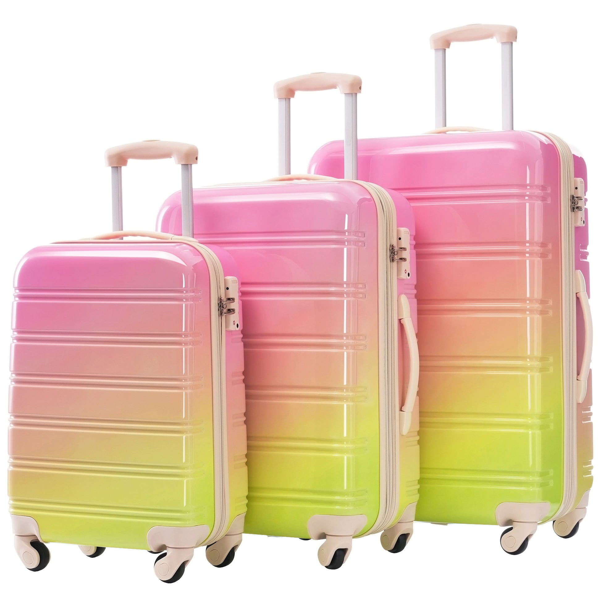 Three hardshell rolling suitcases in pink yellow and orange ombre