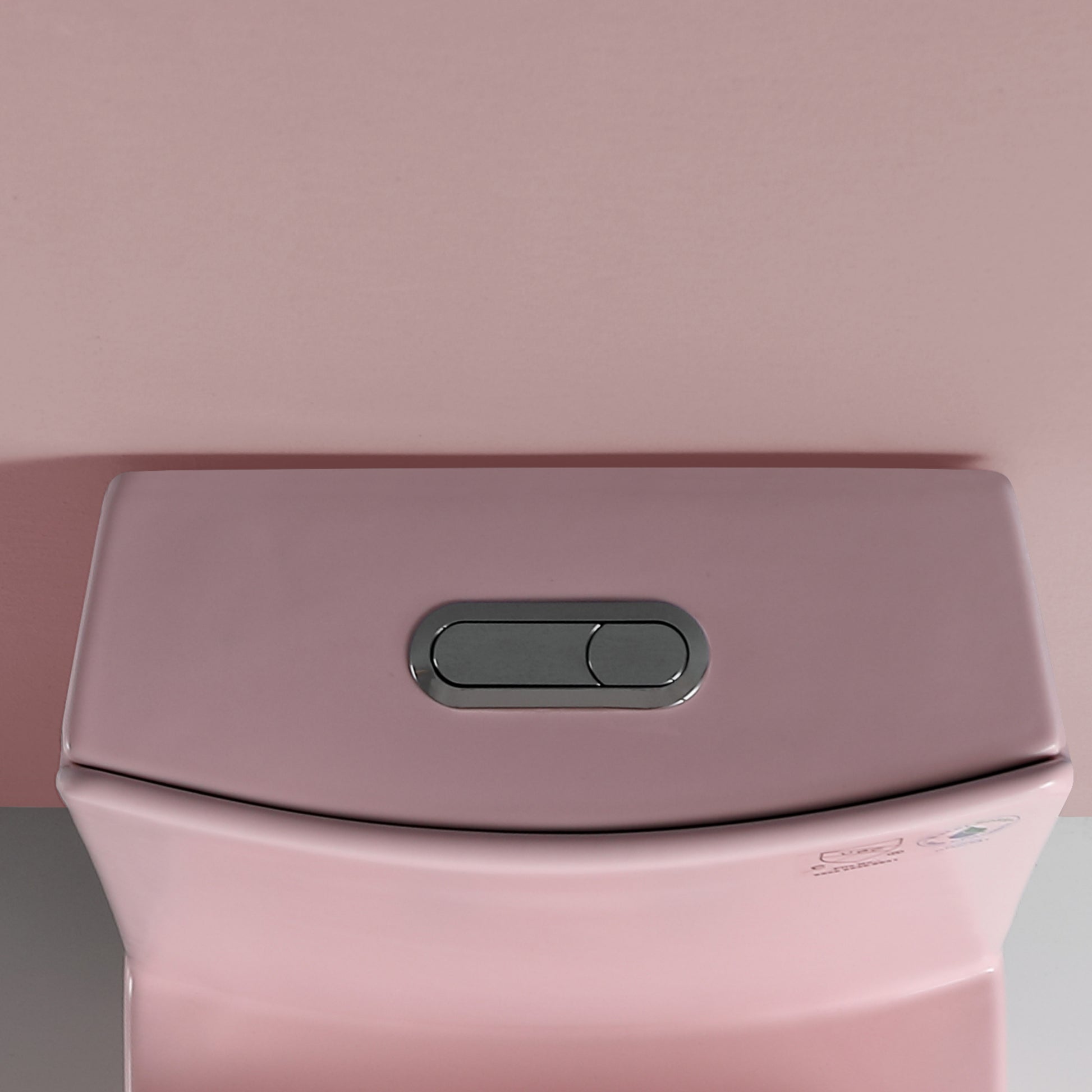 Pink ceramic toilet tank with dual flush chrome buttons