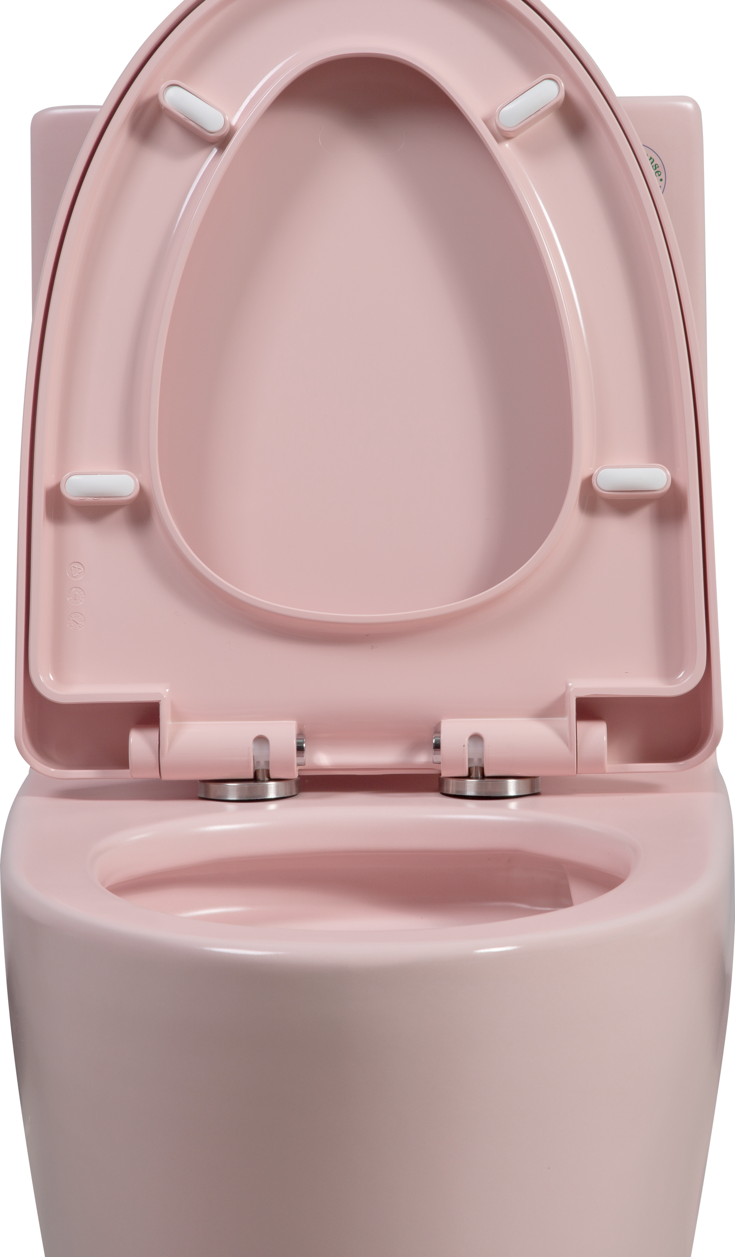 Pale pink ceramic toilet bowl with an open matching softclose toilet seat