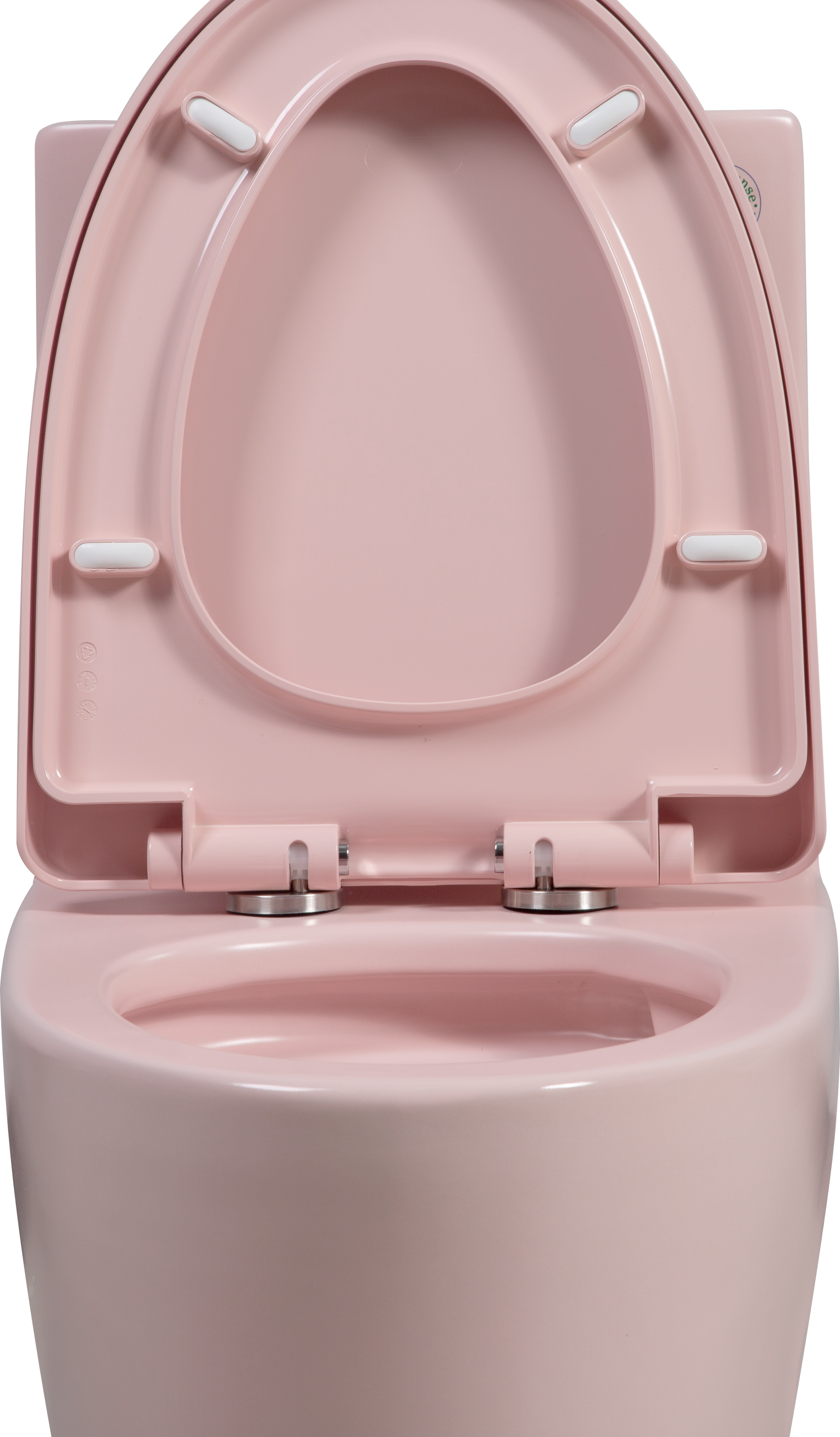 Pale pink ceramic toilet bowl with an open matching softclose toilet seat