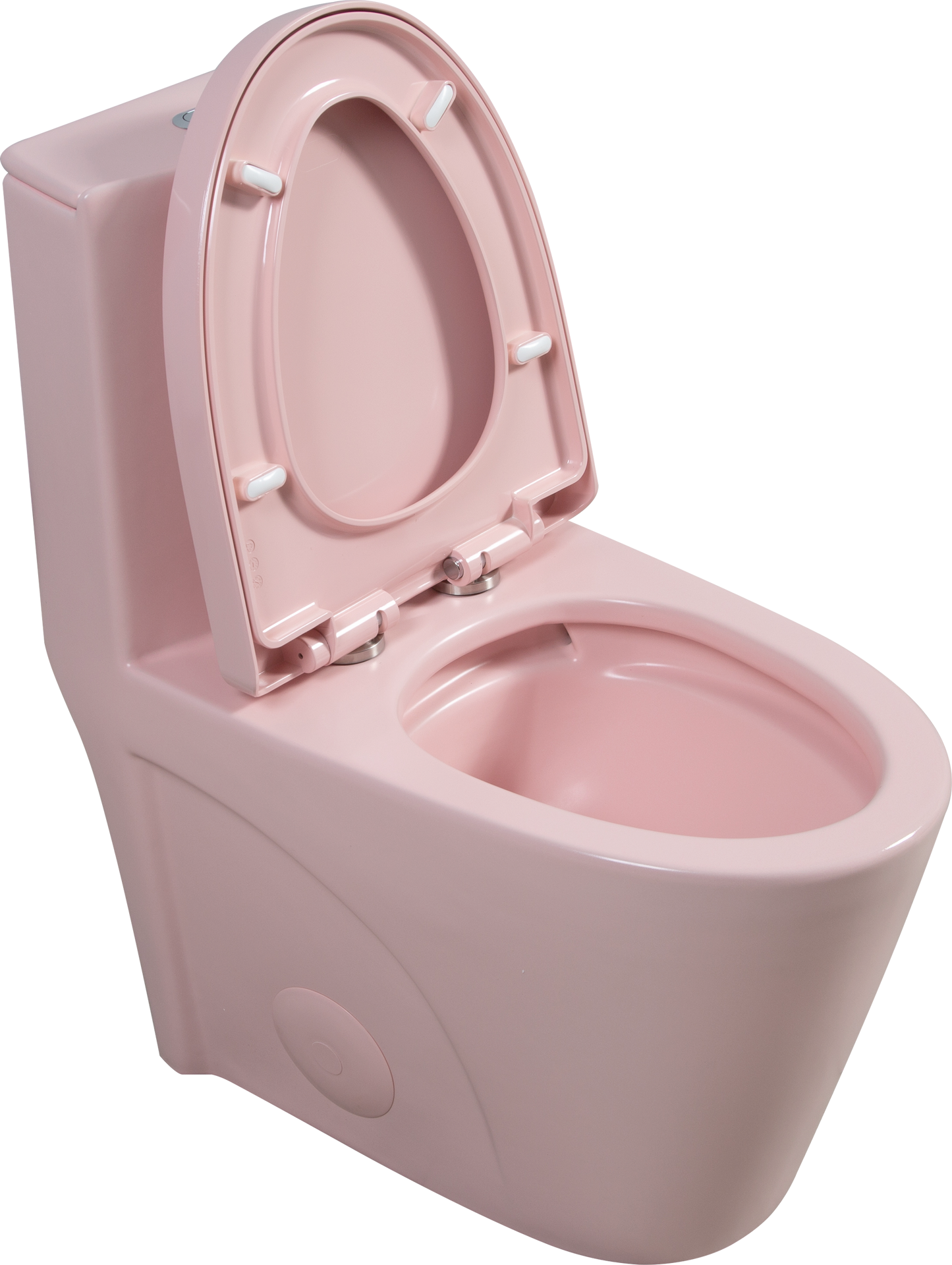 Soft pink ceramic toilet with open lid and seat