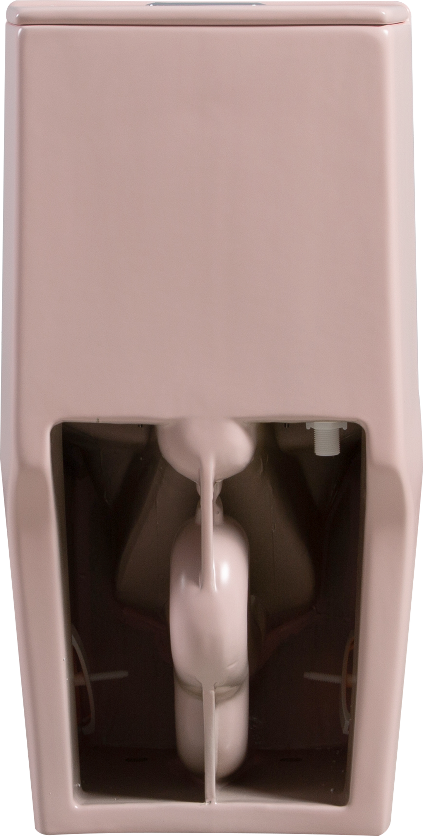 Pink ceramic toilet tank with visible internal fill valve and float mechanism