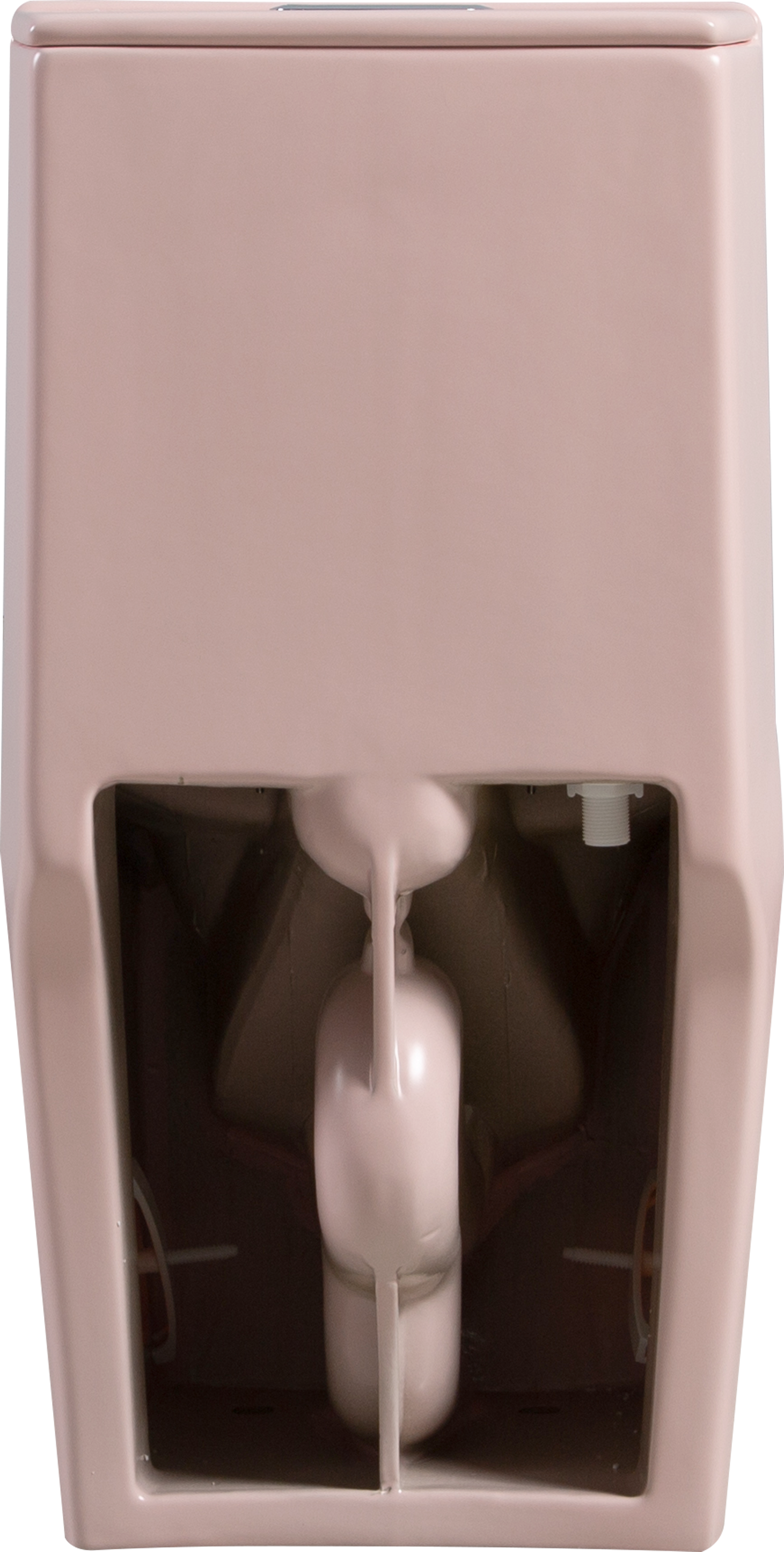 Pink ceramic toilet tank with visible internal fill valve and float mechanism