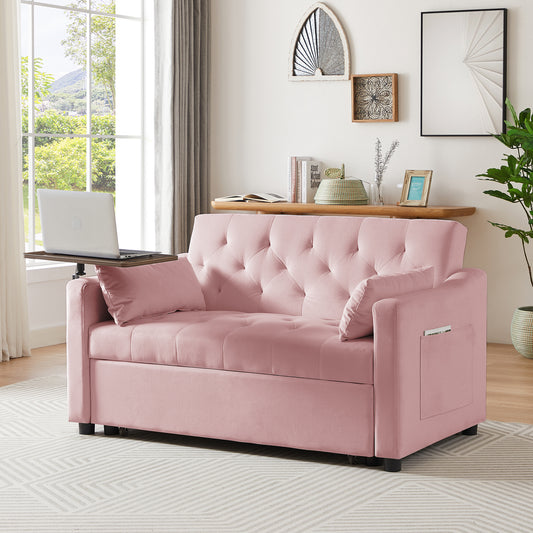 Pink velvet sofa bed with tufted back and side pocket ideal for small spaces