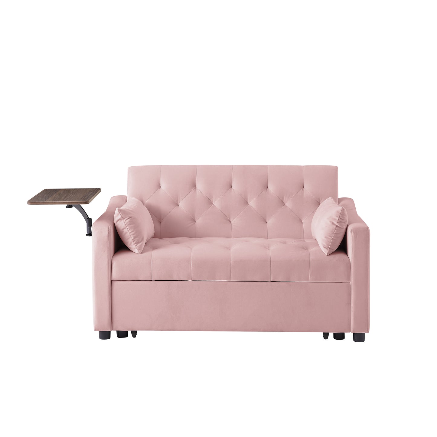 Pink velvet sofa bed with tufted back and attached wood tray table
