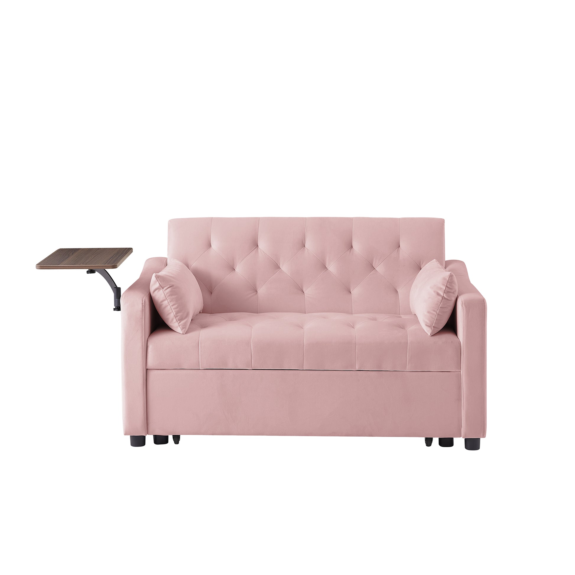 Pink velvet sofa bed with tufted back and attached wood tray table