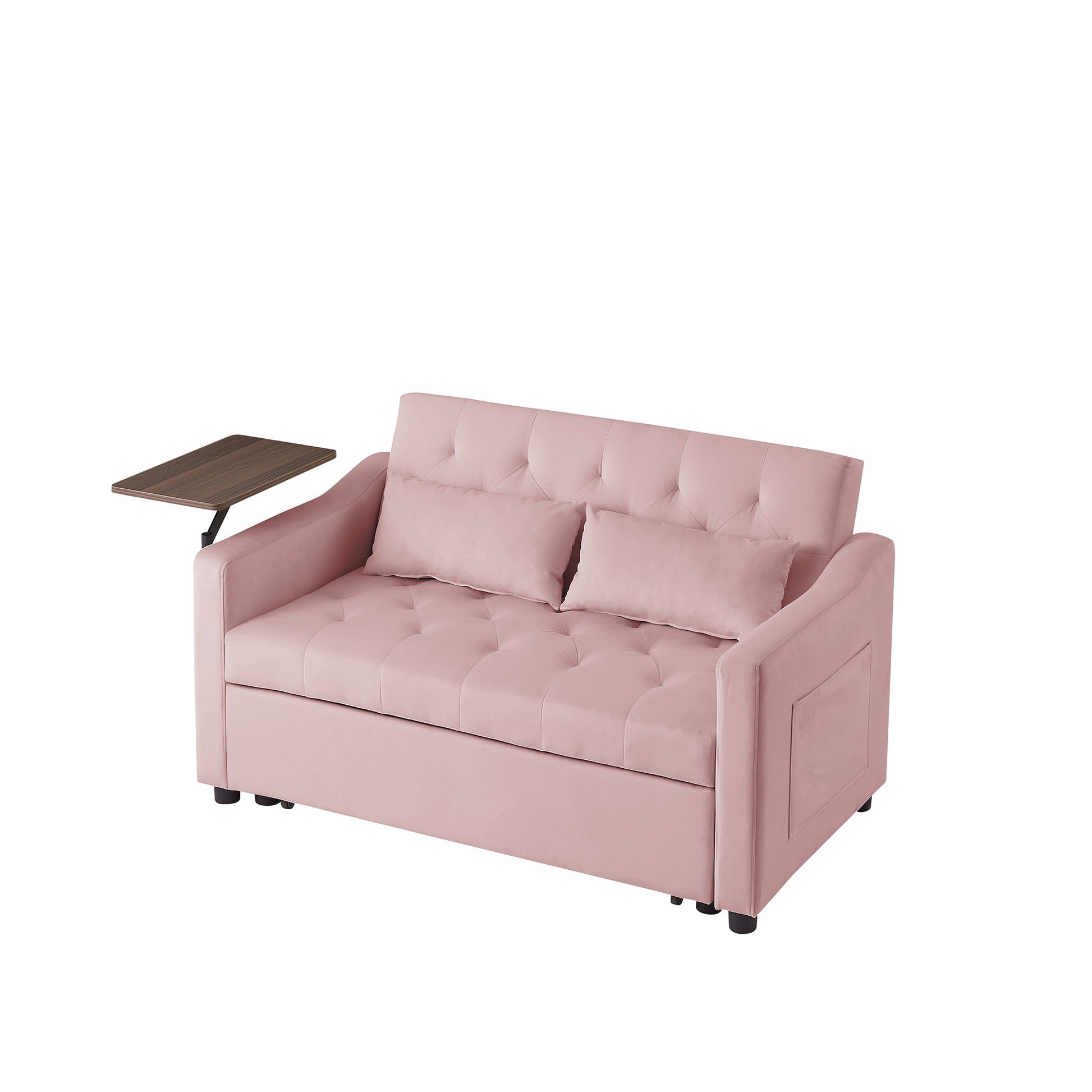 Pink velvet sofa with tufted cushions and a wooden side table attachment
