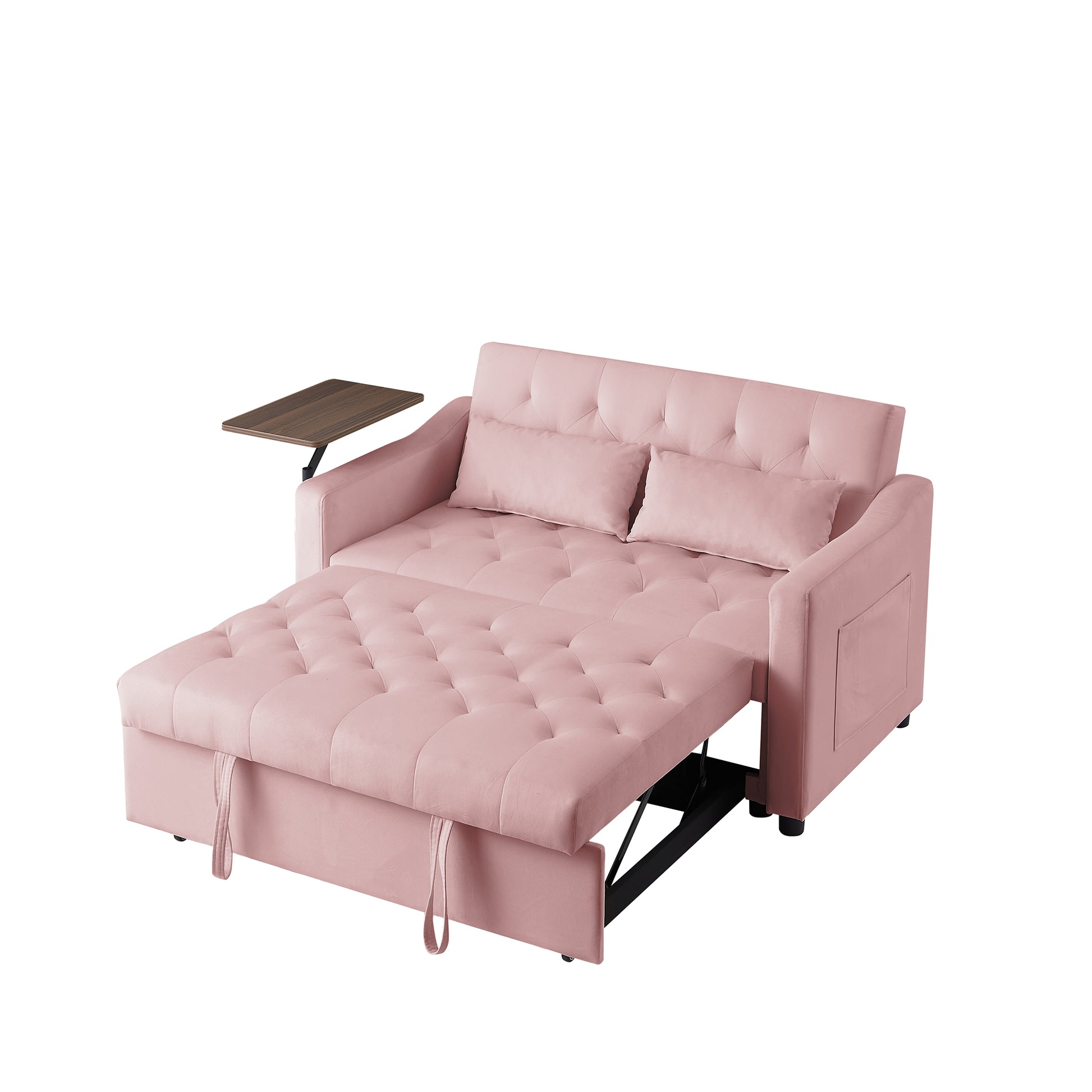 Dusty rose velvet sofa bed with tufted cushions and side table ideal for small living spaces