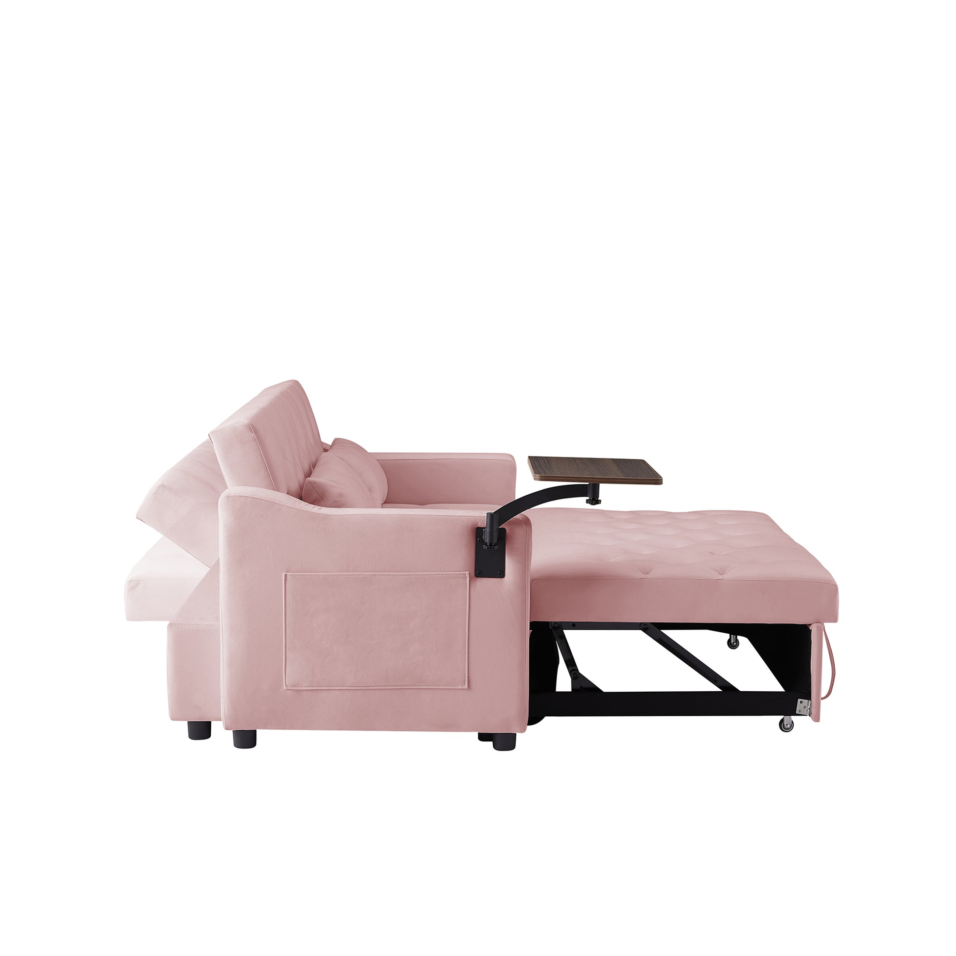Pink velvet convertible sofa bed with builtin tray perfect for small spaces