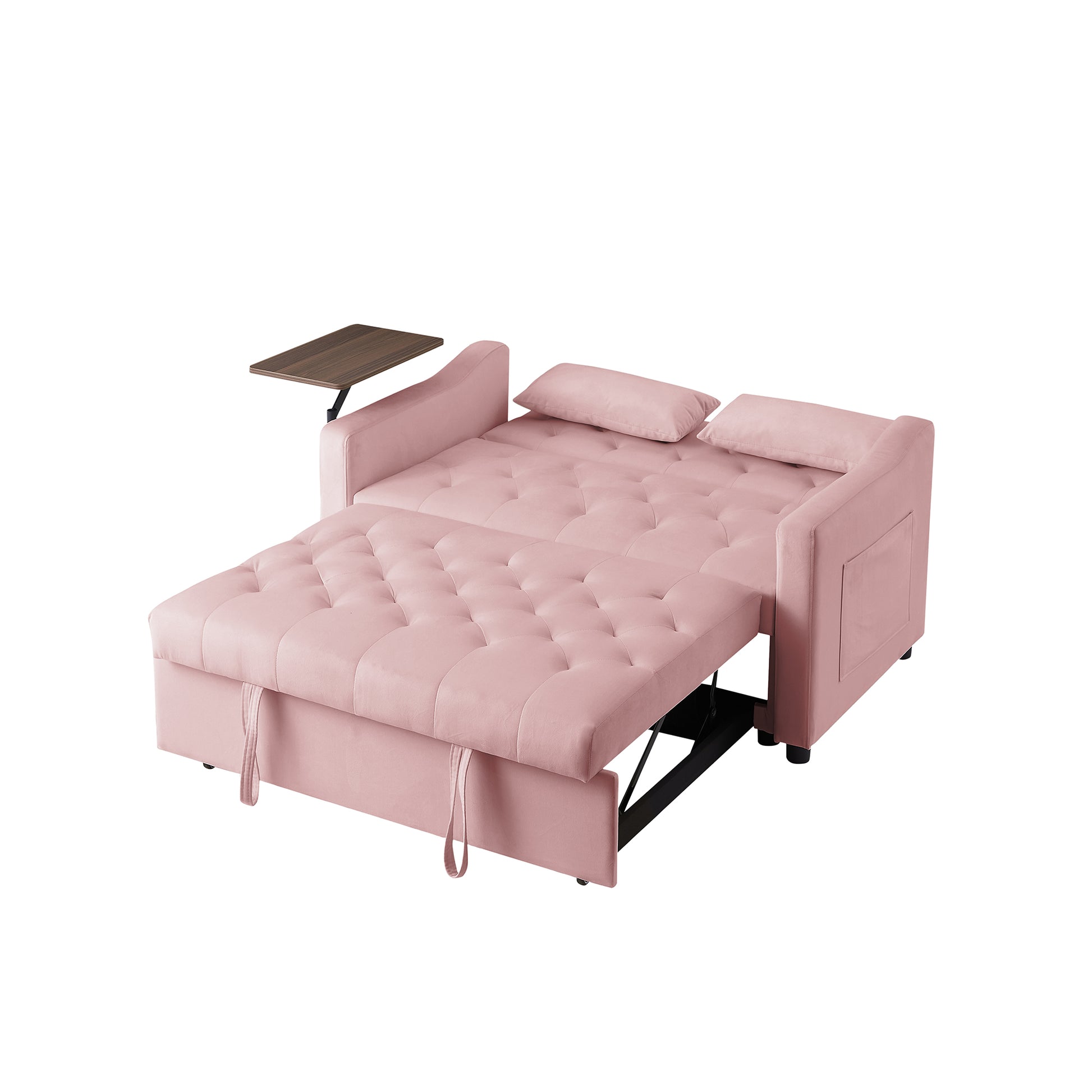Pink velvet sofa bed with tufted seating and builtin tray perfect for small apartments