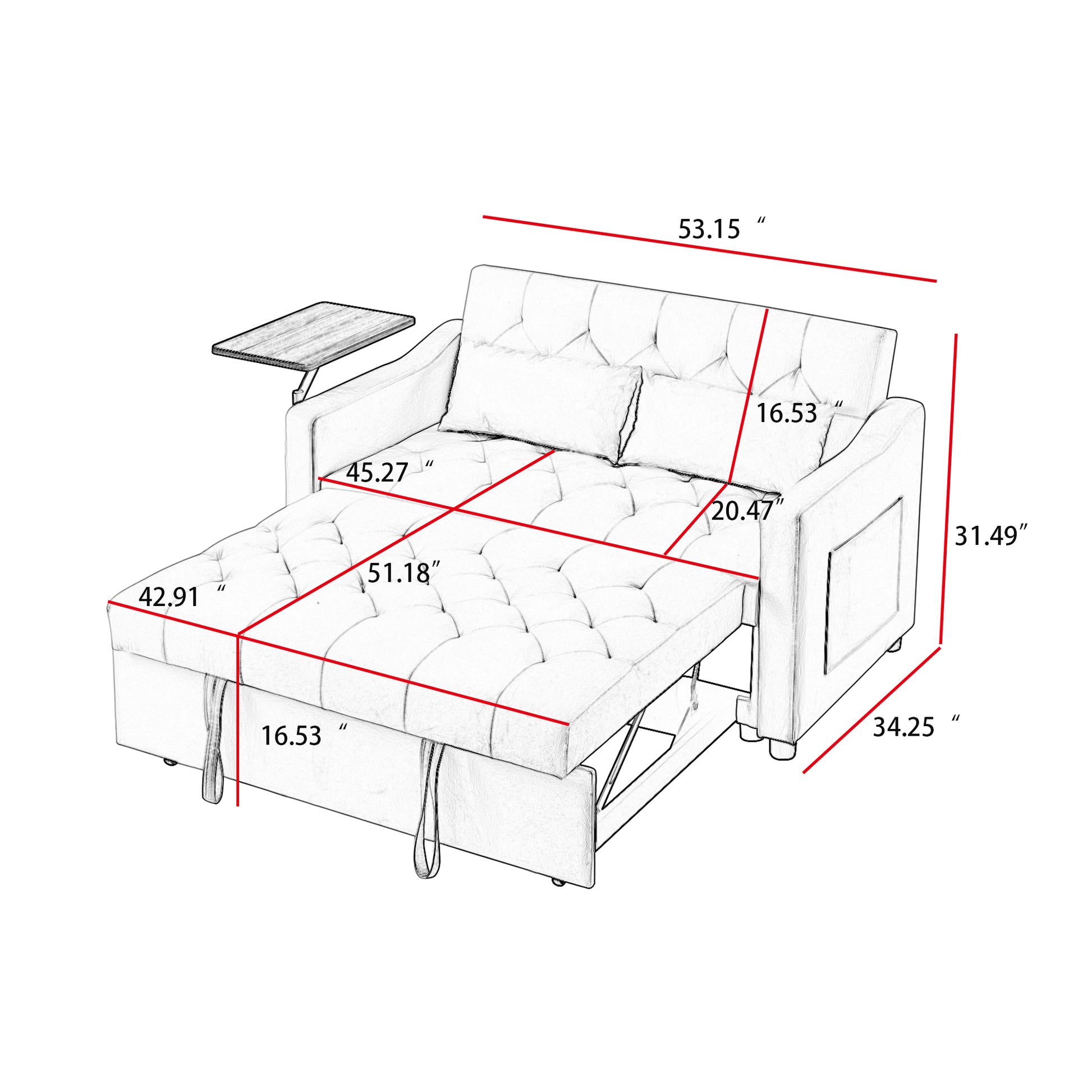 Sofa bed with pullout mattress and attached tray sketched dimensions shown