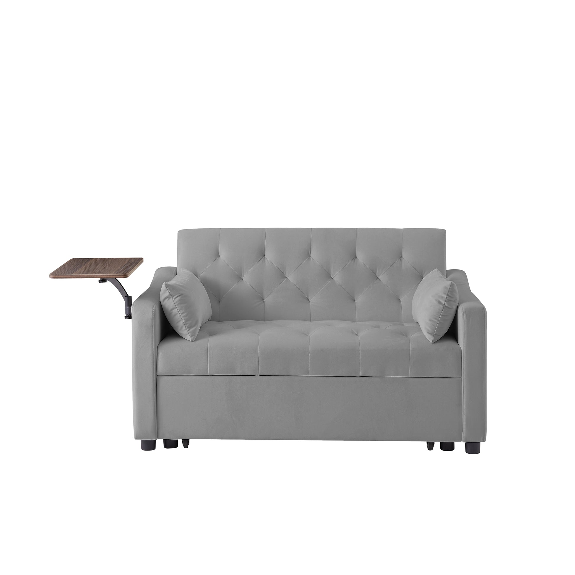 Gray tufted sofa with attachable wood tray for modern living rooms