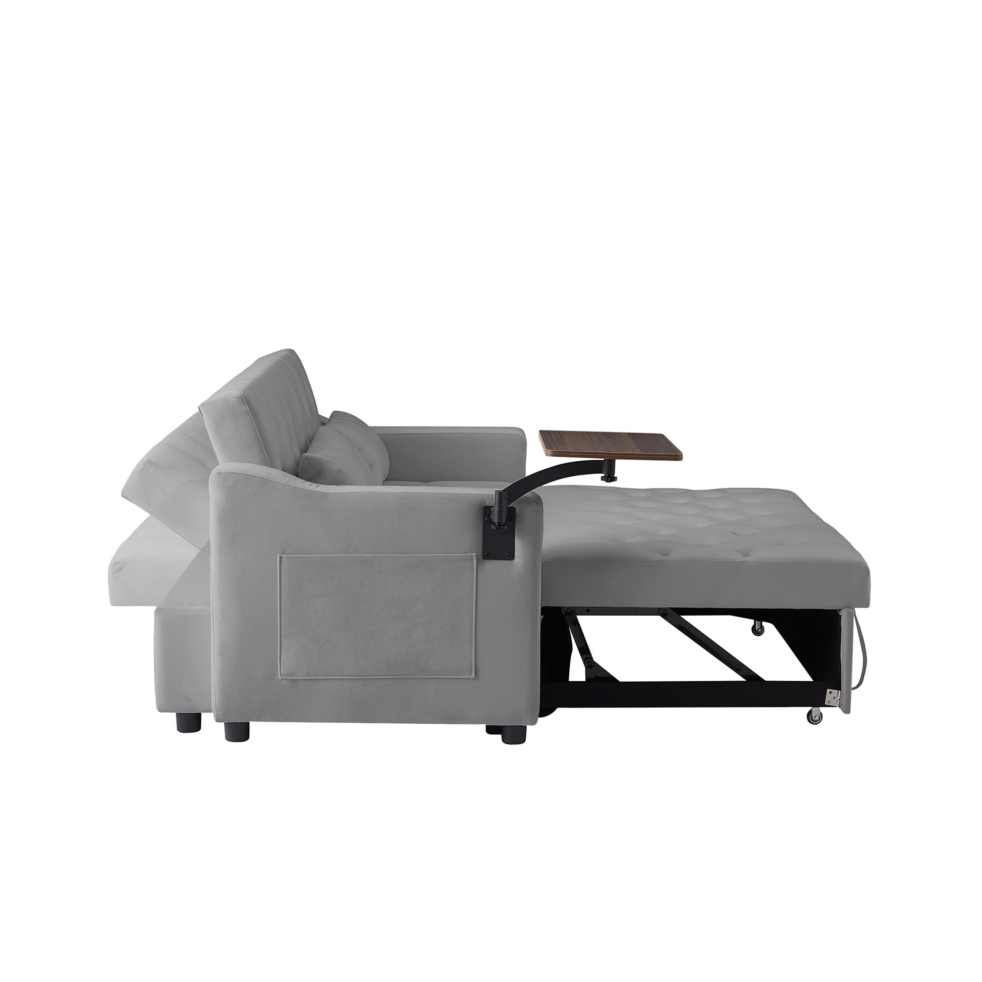 Grey sofa bed with attached tray extended for use