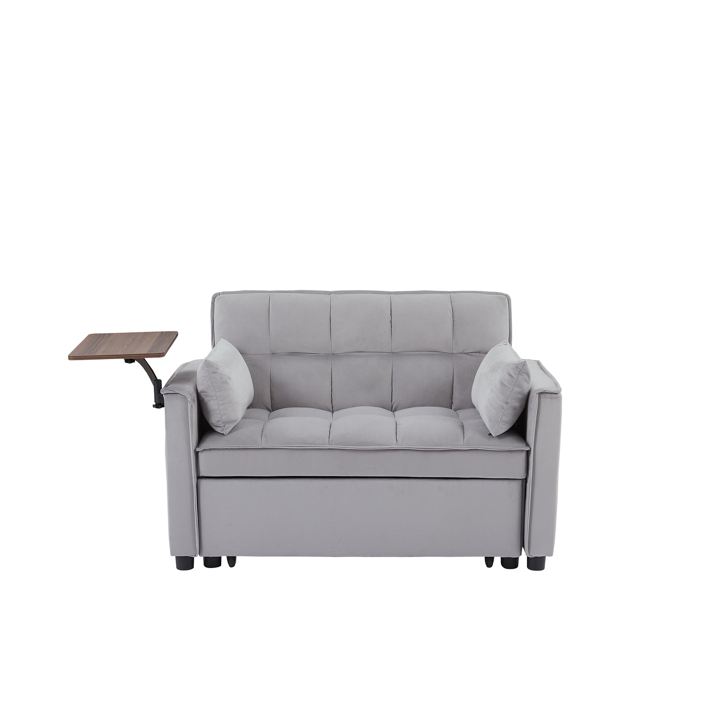 Modern grey fabric sofa with a detached wooden tray table perfect for small living spaces