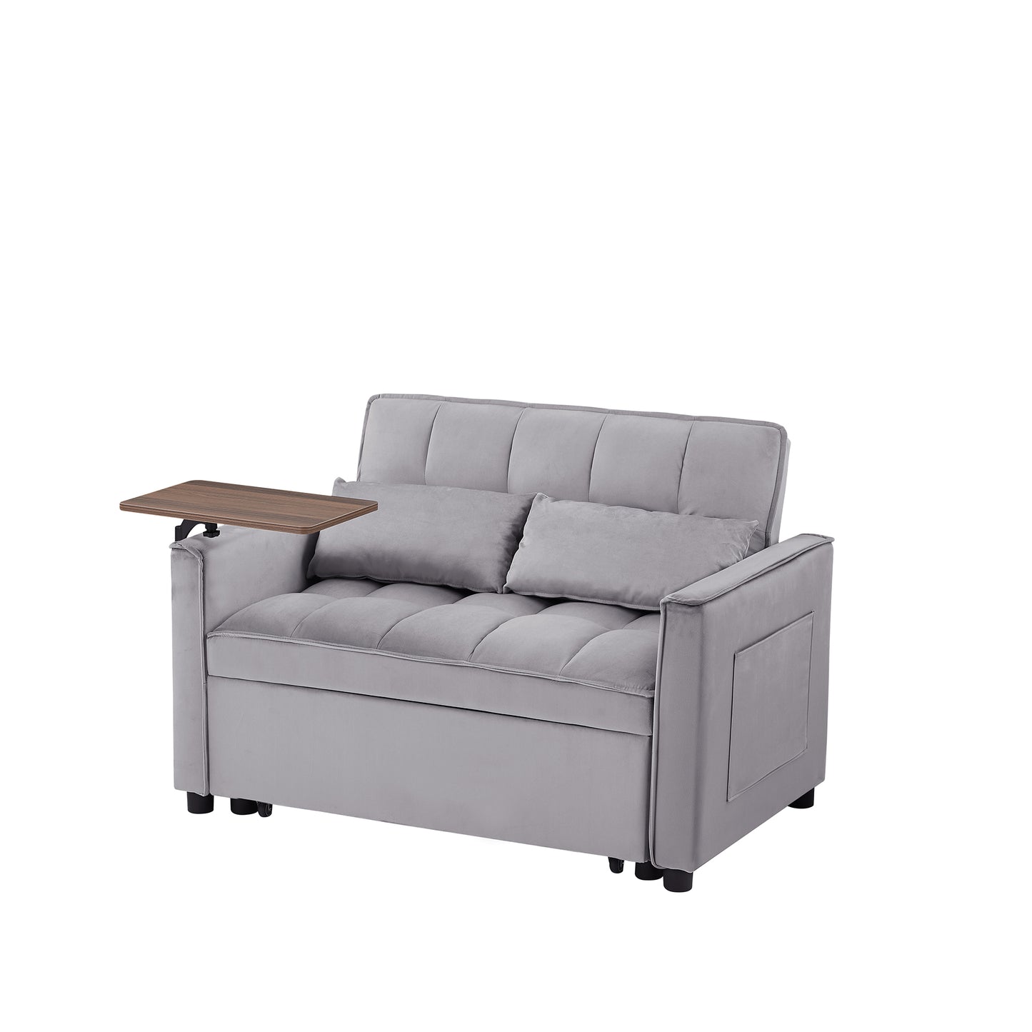 Grey velvet loveseat sleeper with builtin tray for comfortable living room use