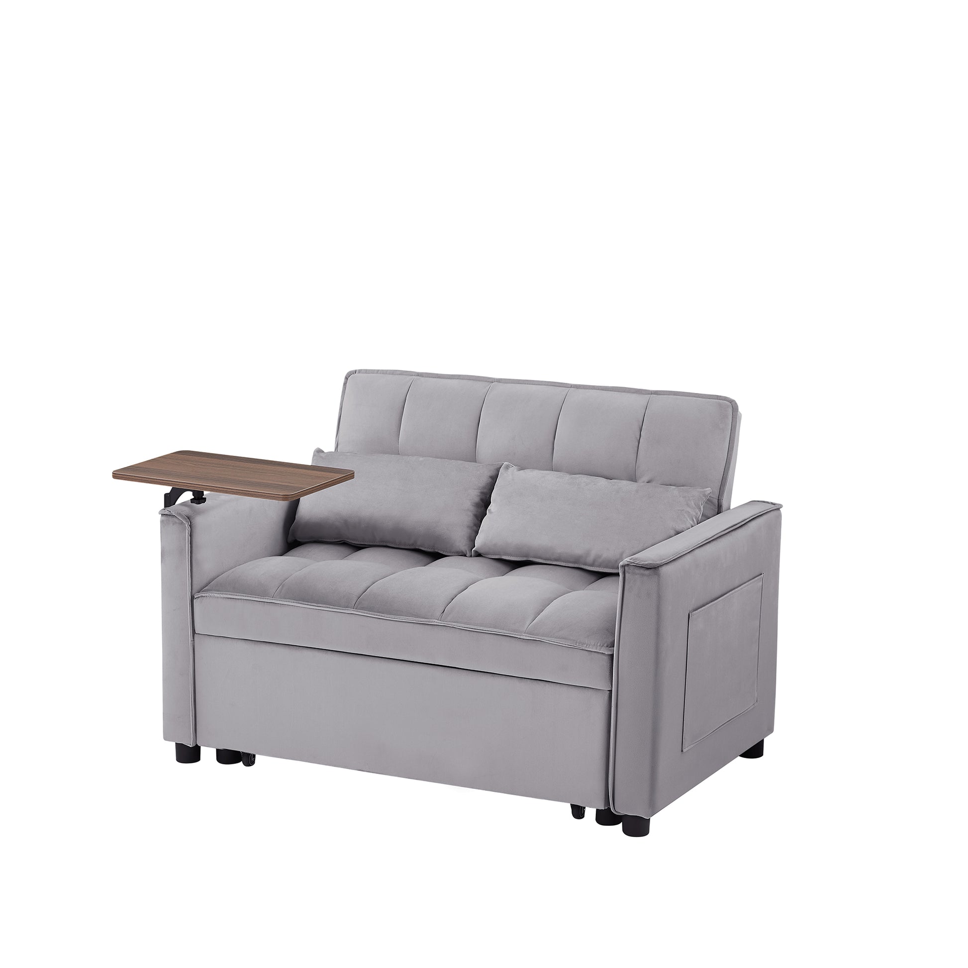 Grey velvet loveseat sleeper with builtin tray for comfortable living room use