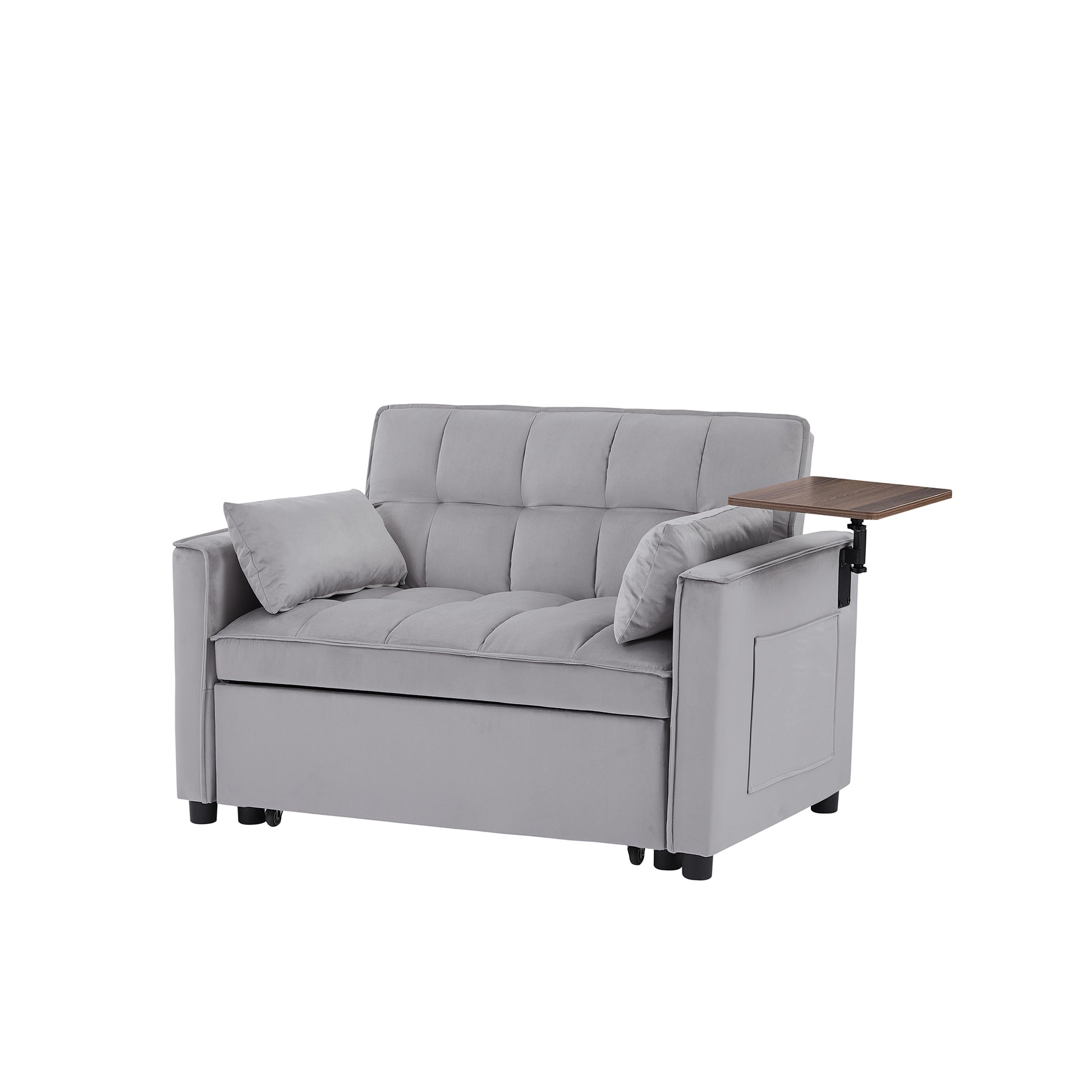 Grey velvet convertible sofa with builtin tray and tufted cushions