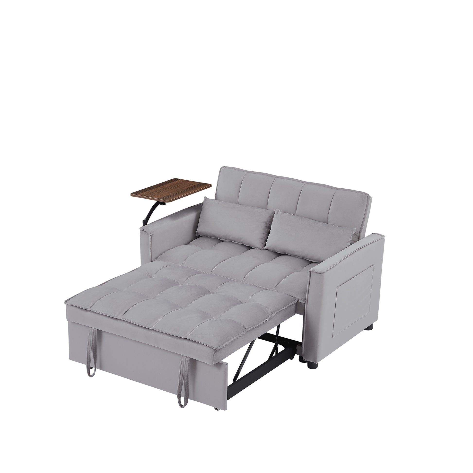 Gray velvet convertible sofa bed with pullout mattress and armrest tray