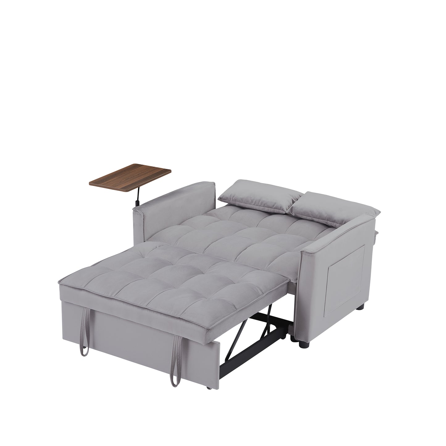 Grey velvet sofa bed with pullout mattress and side table ideal for small spaces