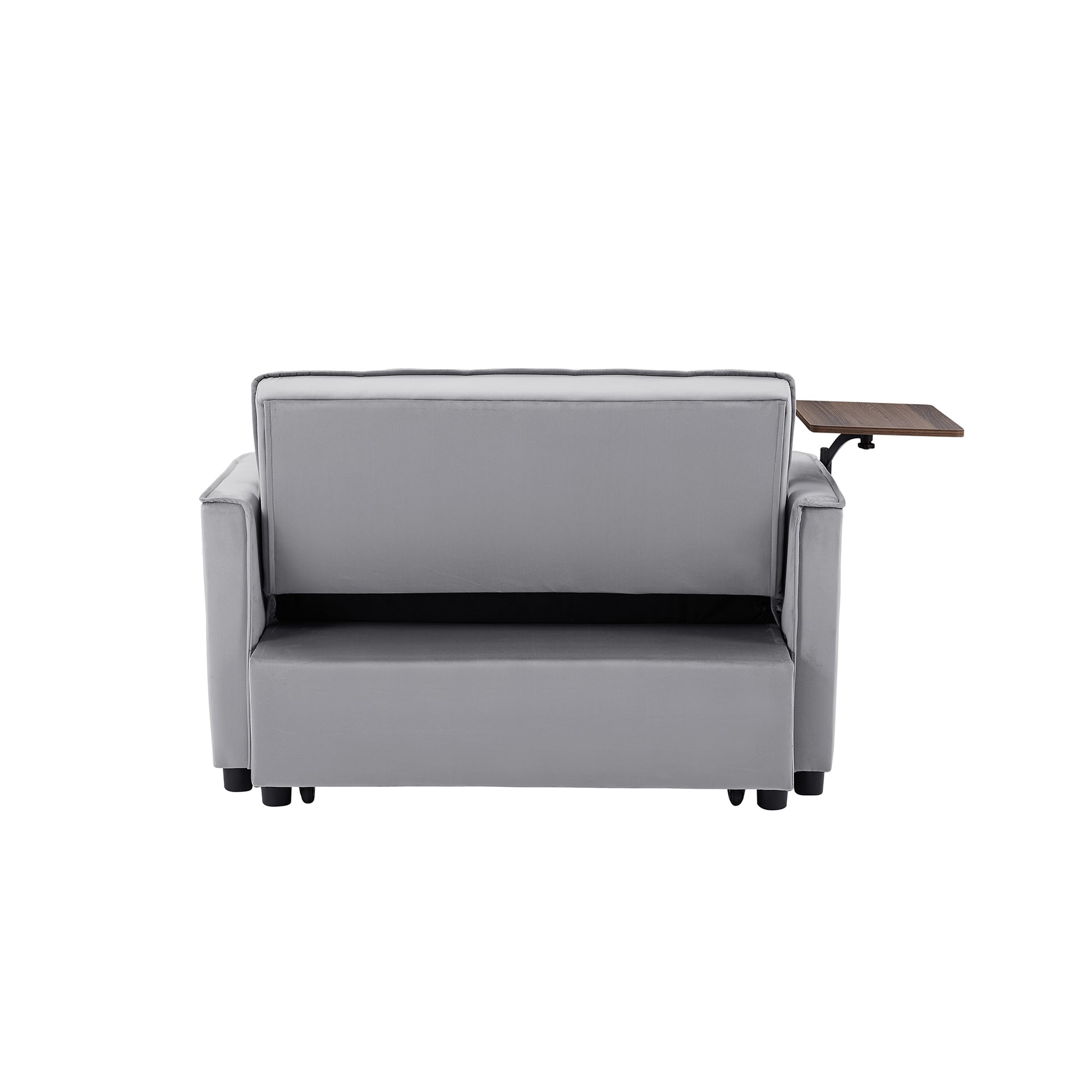 Grey loveseat with attached wooden tray for functional seating