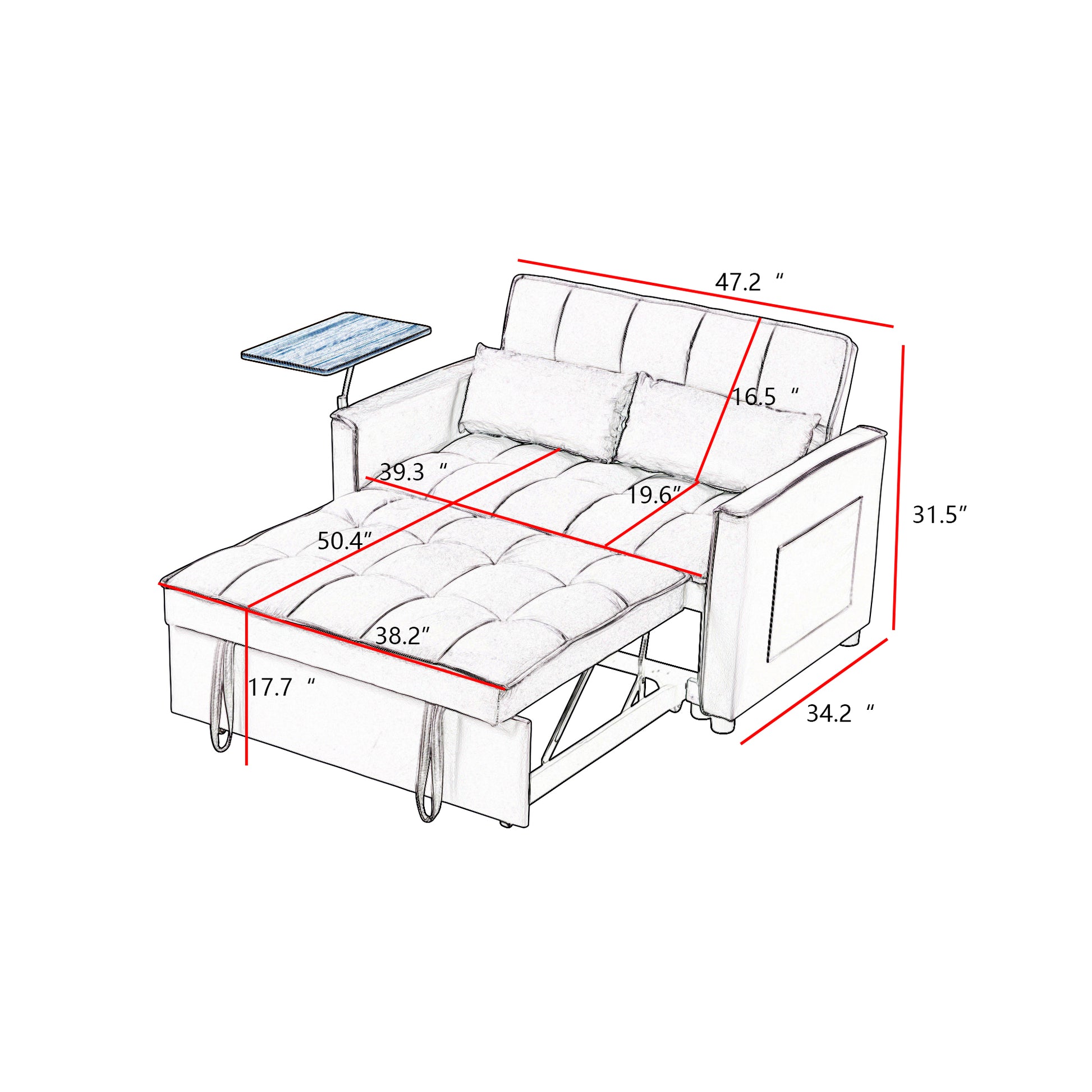 Convertible sofa bed with pullout sleeping surface and attached tray table