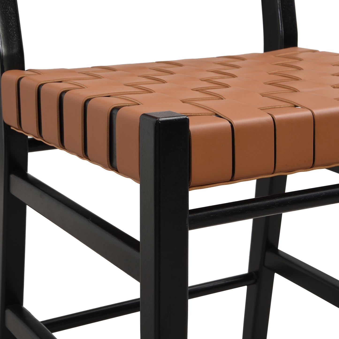 Modern black wood chair with woven tan leather seat