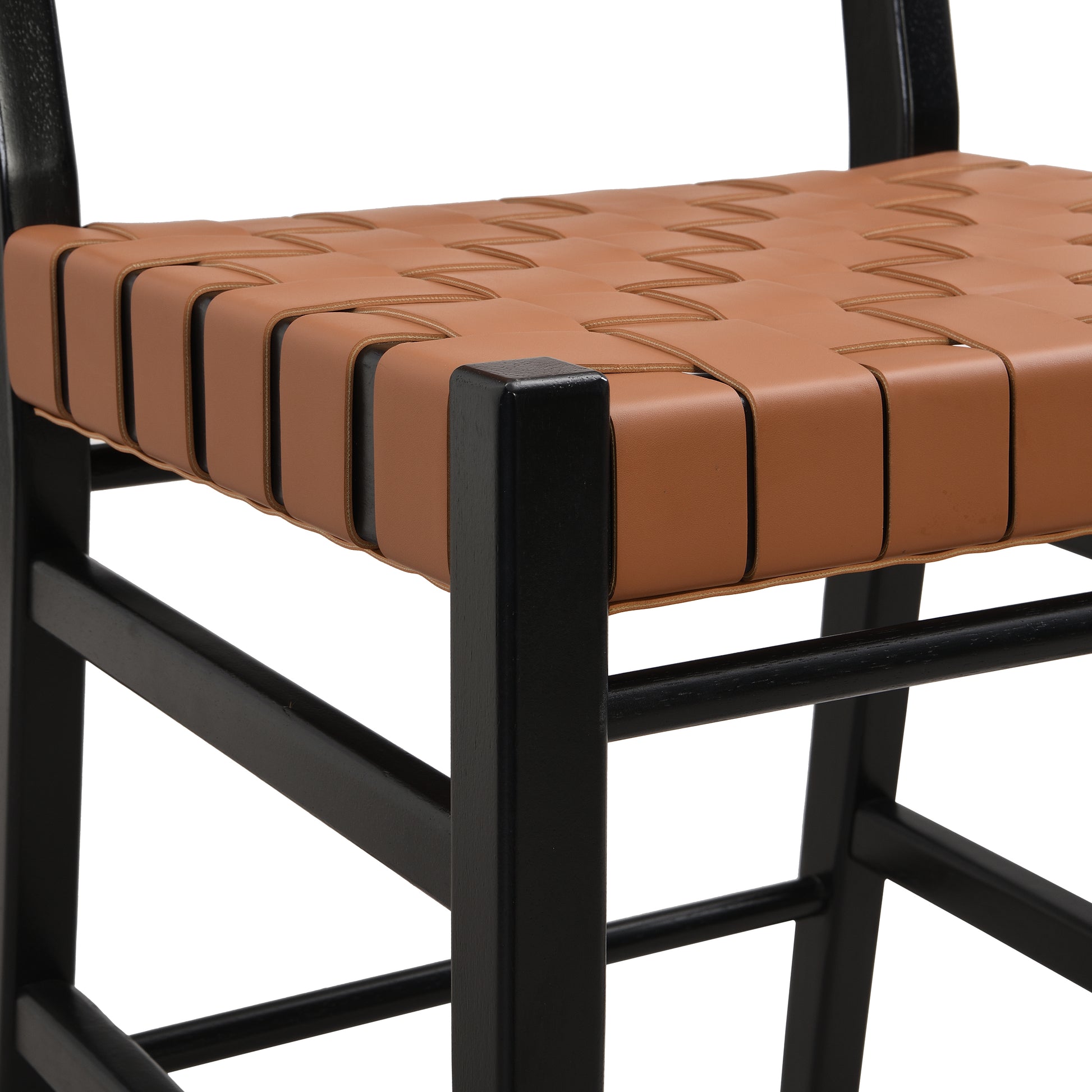 Modern black wood chair with woven tan leather seat