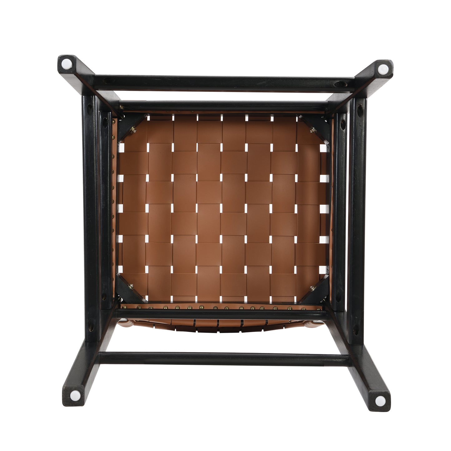 Black metal frame chair with woven tan leather seat topdown view
