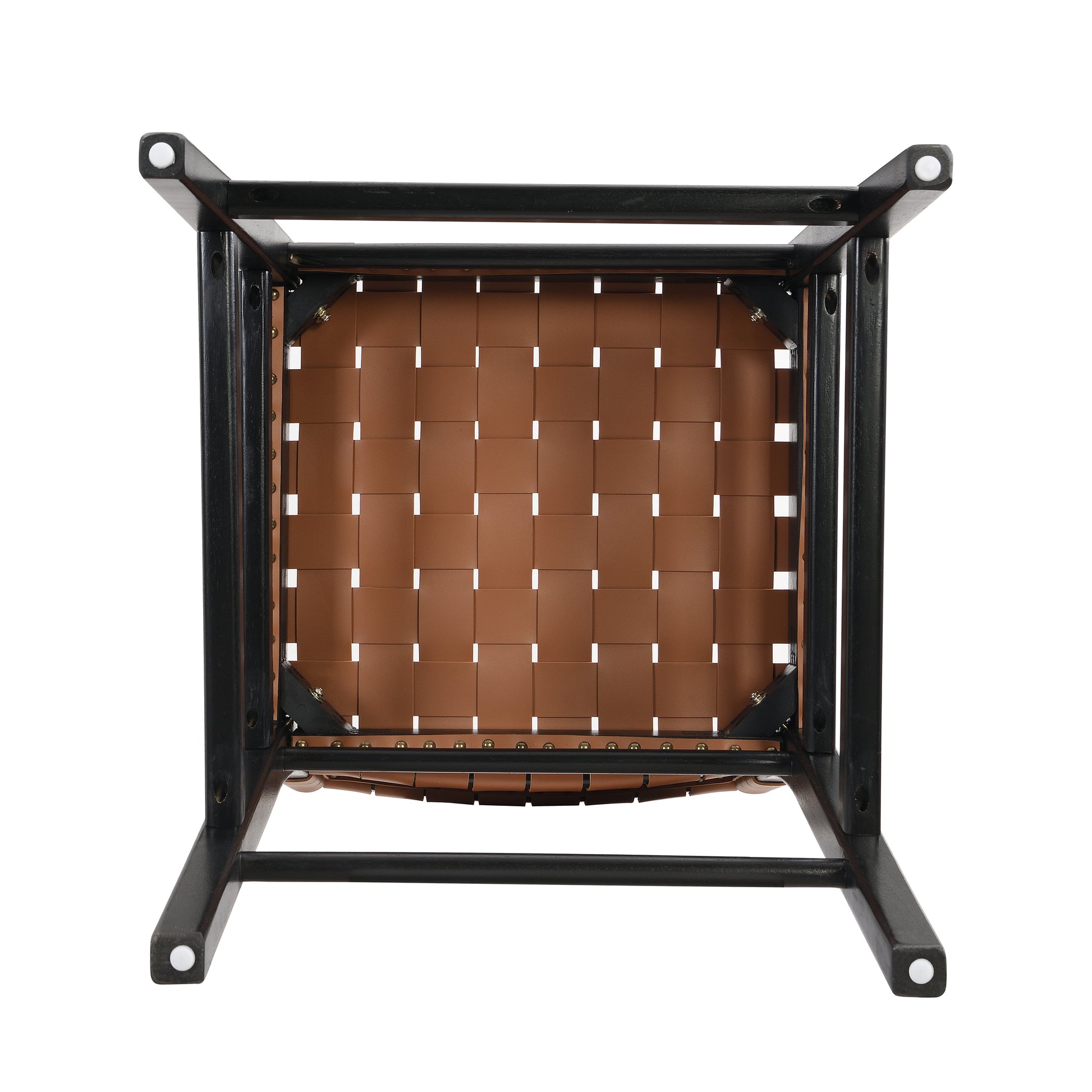 Black metal frame chair with woven tan leather seat topdown view