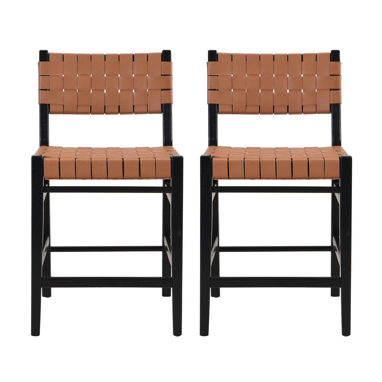 Two brown woven leather and black metal counter stools for modern kitchens