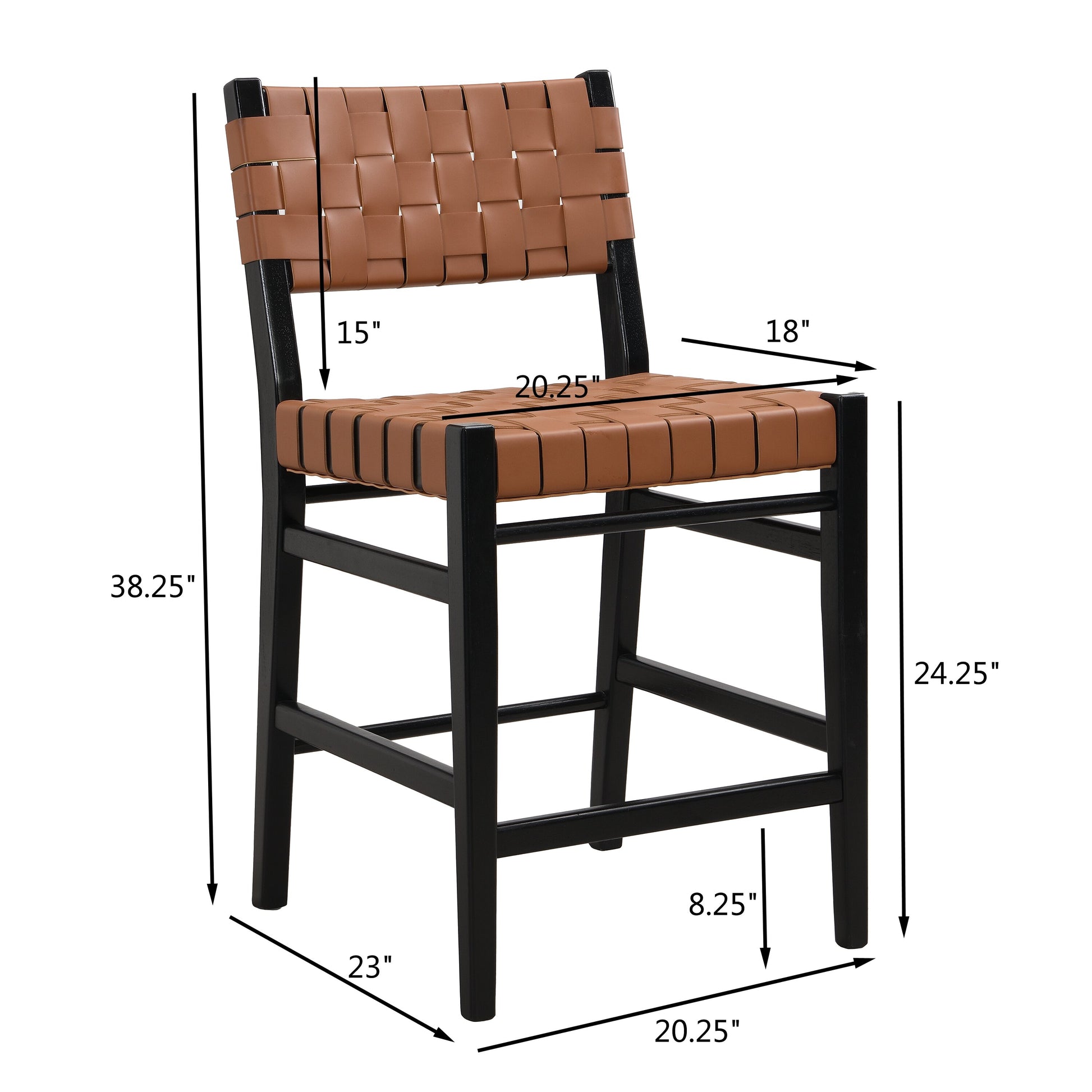 Brown woven leather counter stool with black frame  seat width