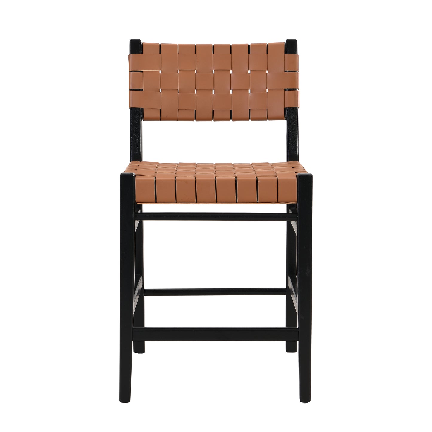 Tan leather woven bar stool with black metal frame