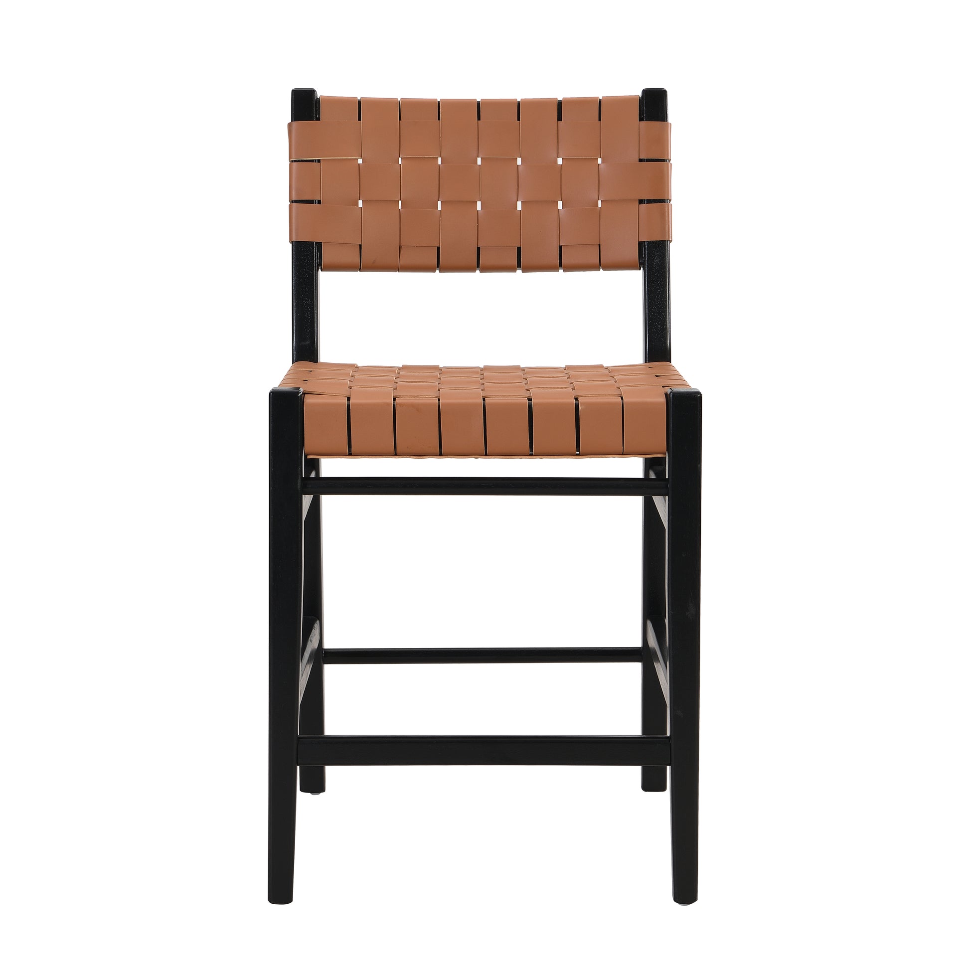 Tan leather woven bar stool with black metal frame