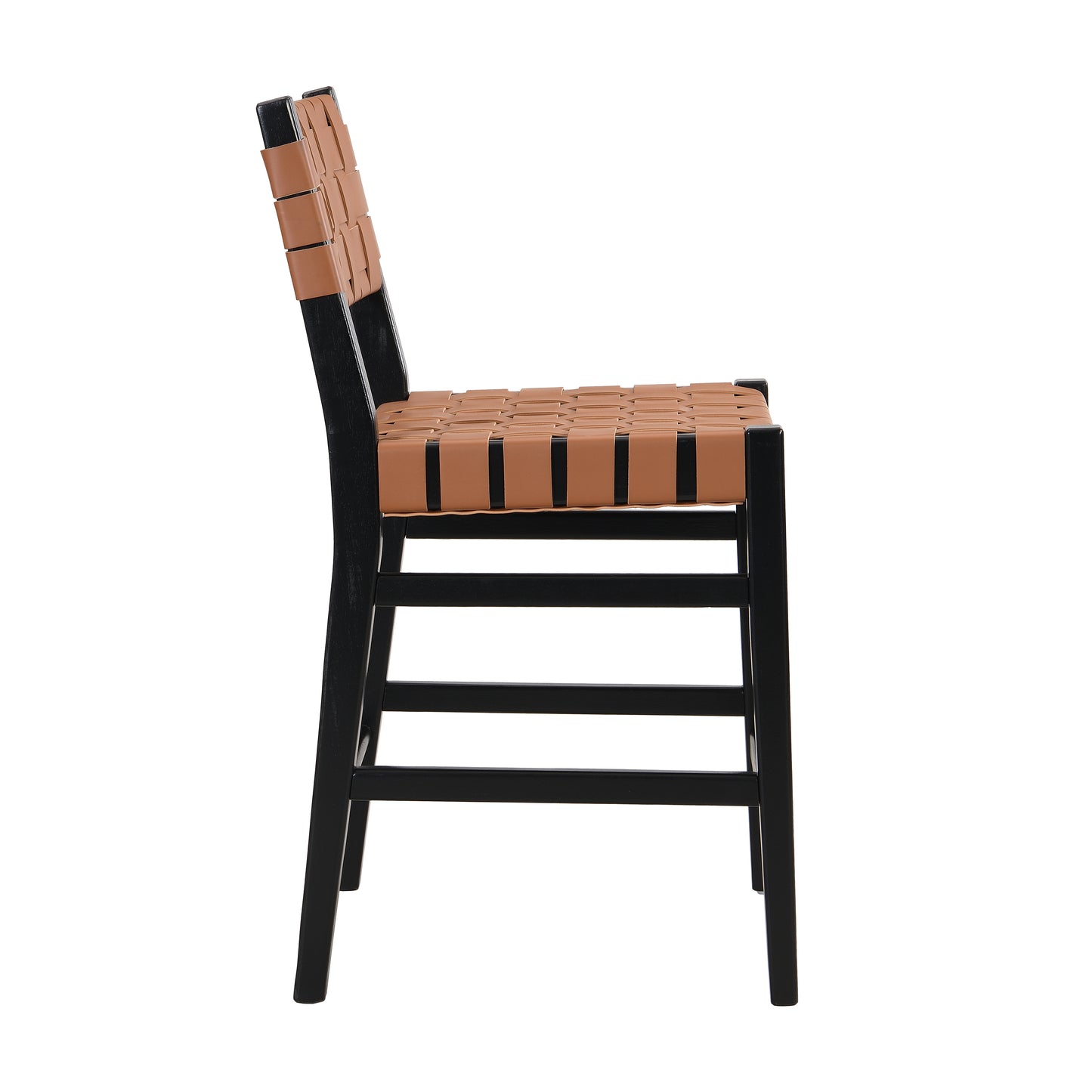 Tan leather woven accent chair with black wood frame modern design