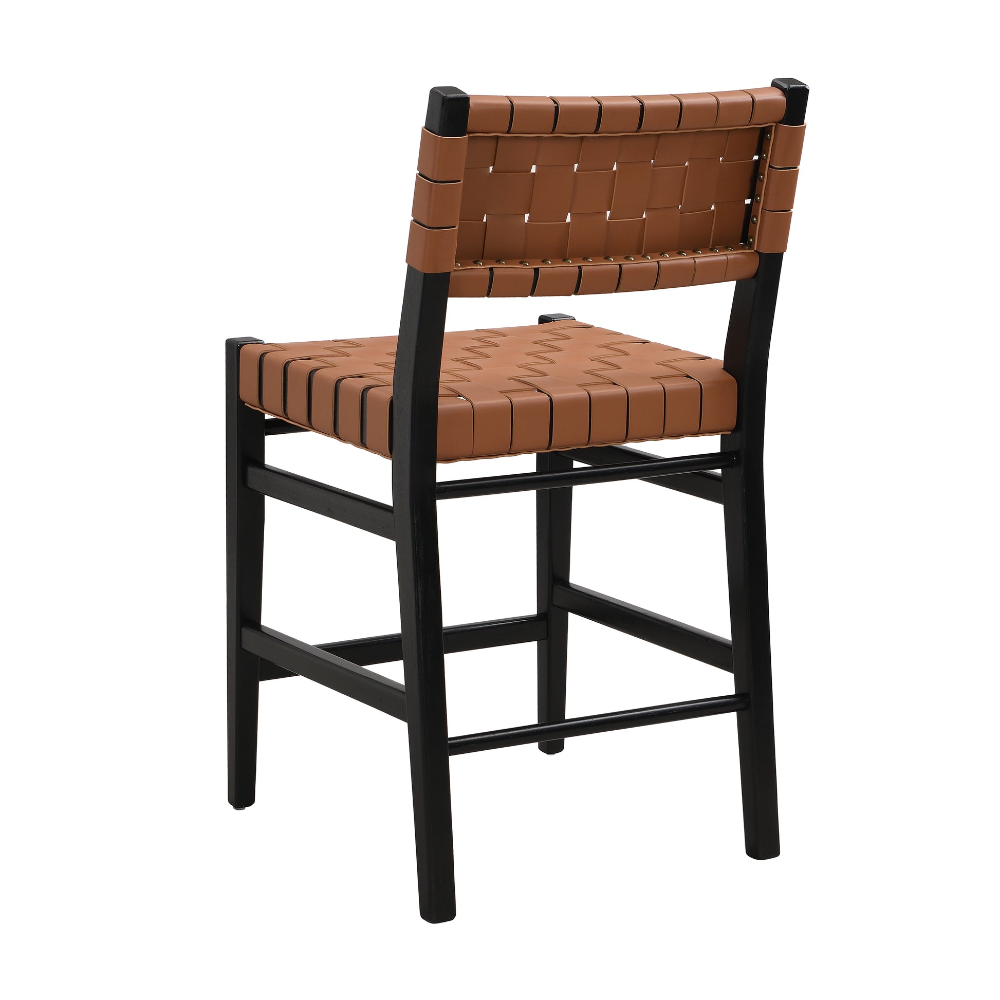 Tan leather woven counter stool with black wooden frame