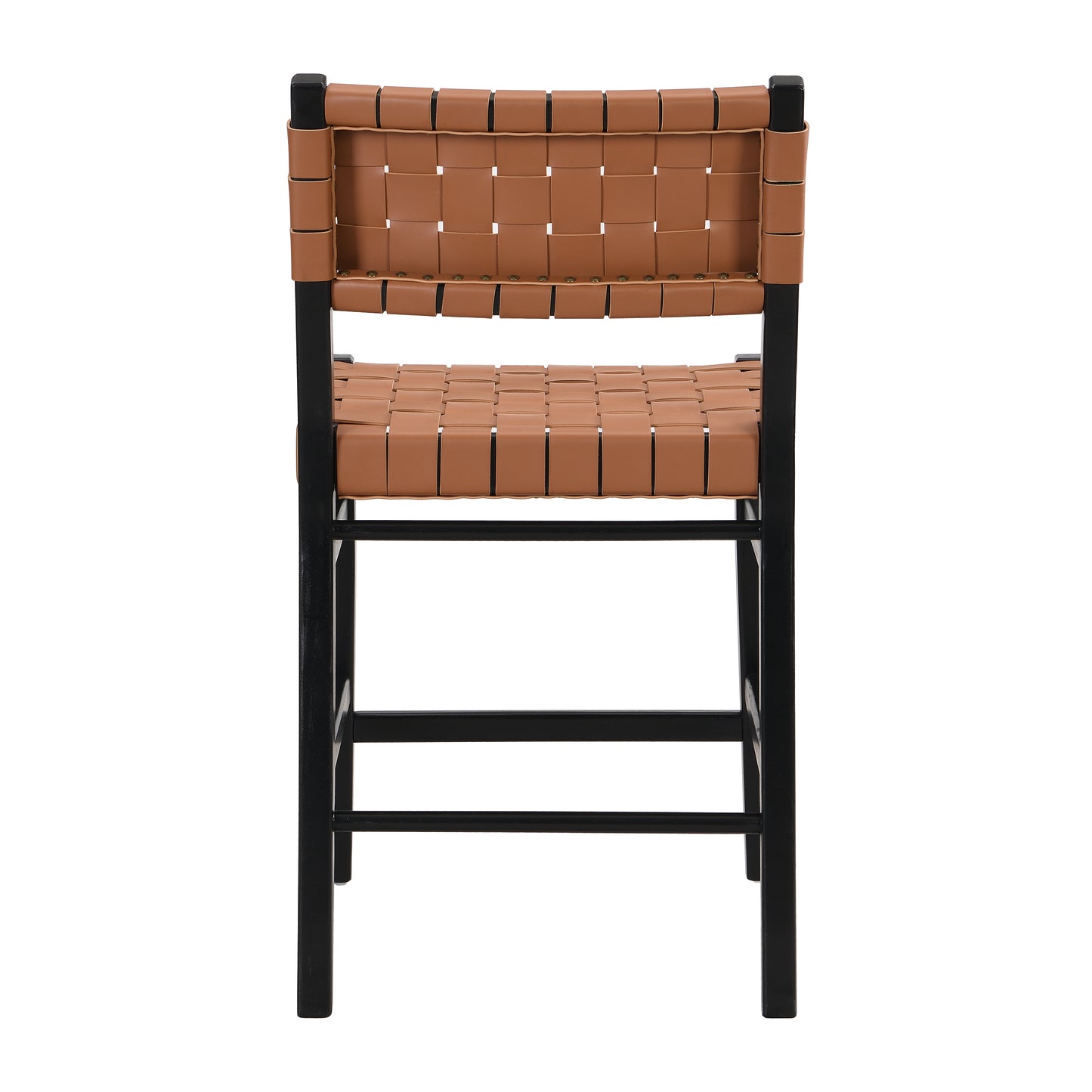 Tan woven leather bar stool with black metal frame